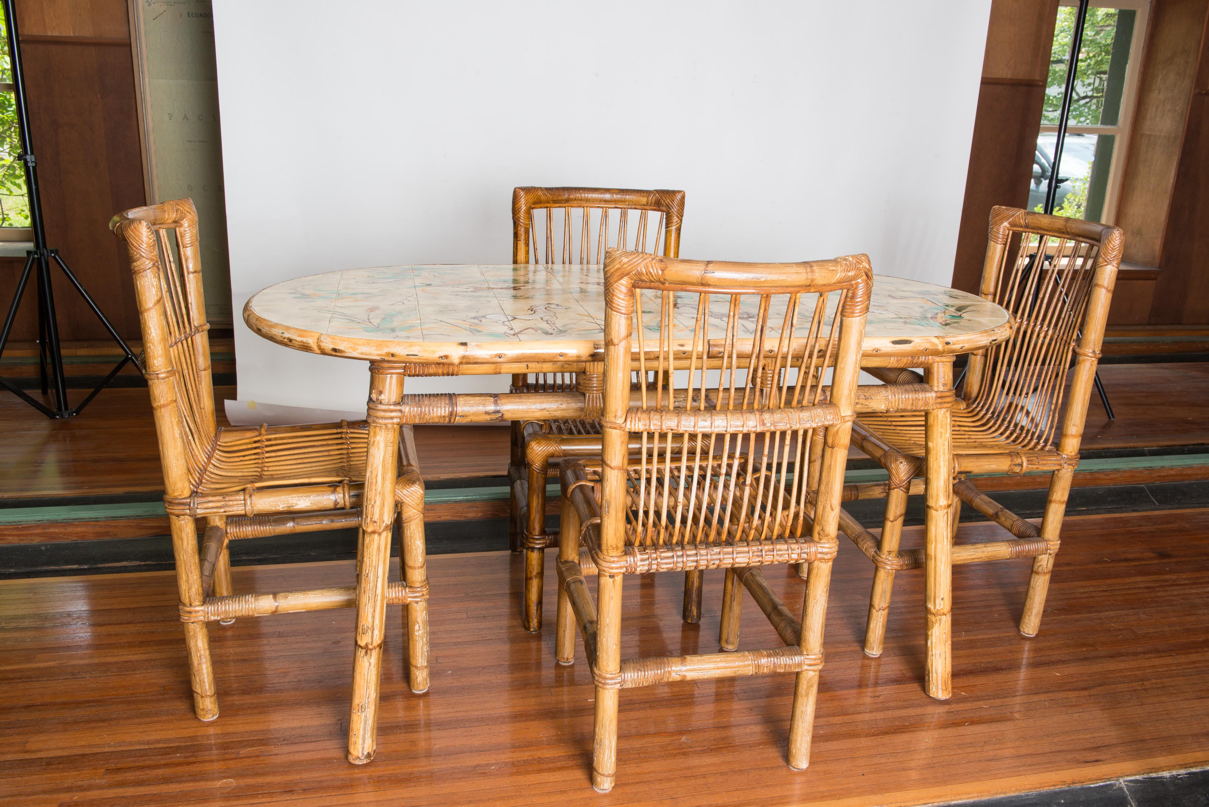 Cote D'Azur Rattan, Horse Ceramic Tile, Rattan Table Chairs For Sale 6