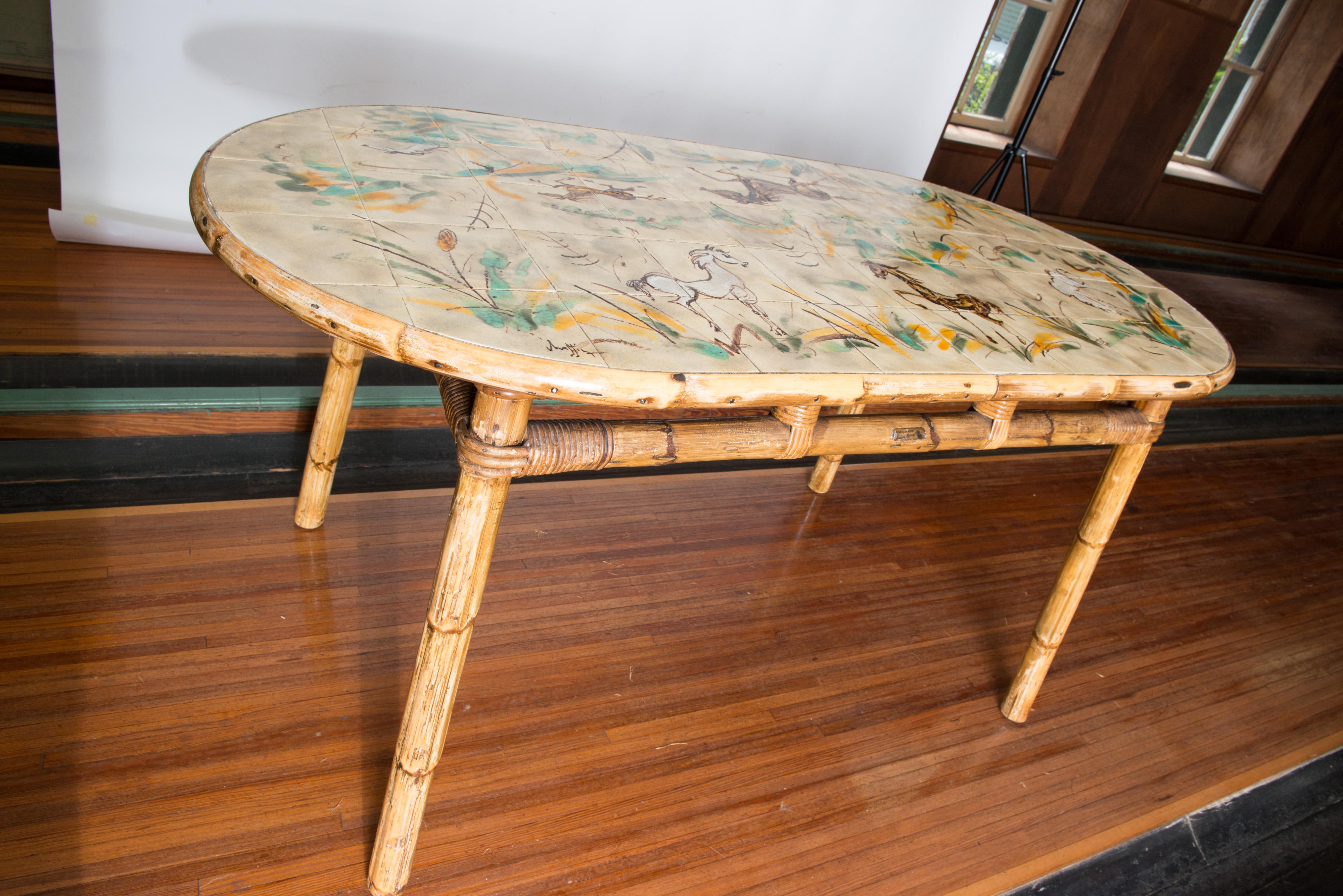 Mid-Century Modern Cote D'Azur Rattan, Horse Ceramic Tile, Rattan Table Chairs For Sale