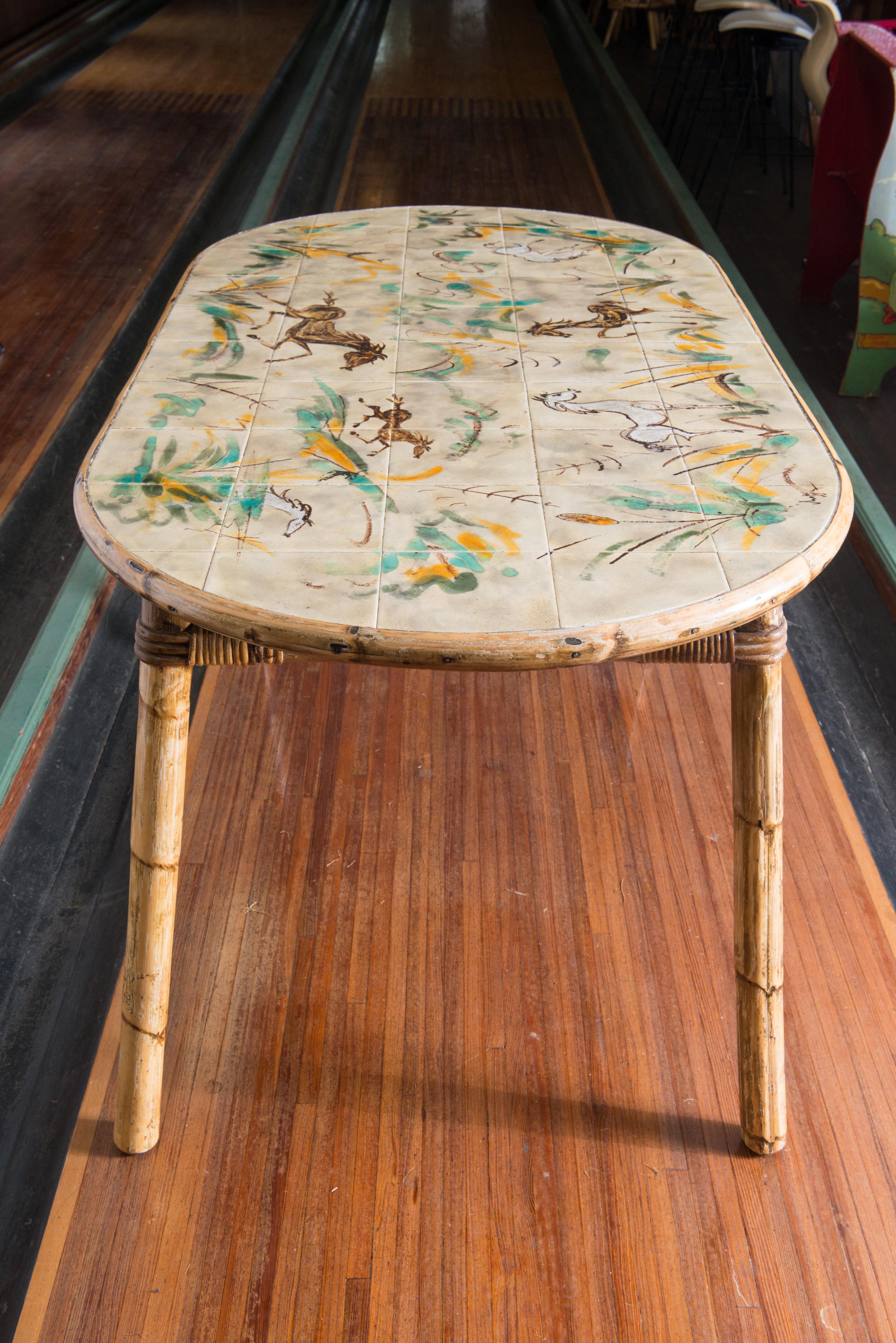 Mid-20th Century Cote D'Azur Rattan, Horse Ceramic Tile, Rattan Table Chairs For Sale