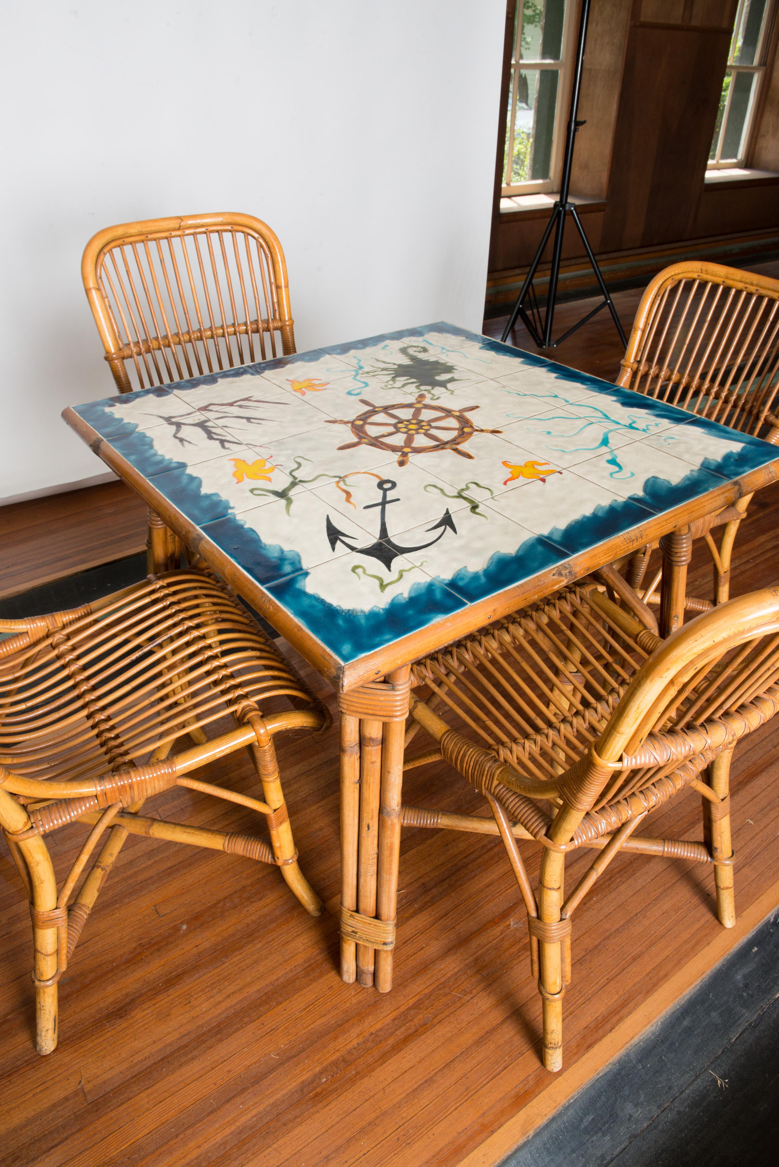 Cote D'Azur Rattan, Tile Table and Chairs  For Sale 3