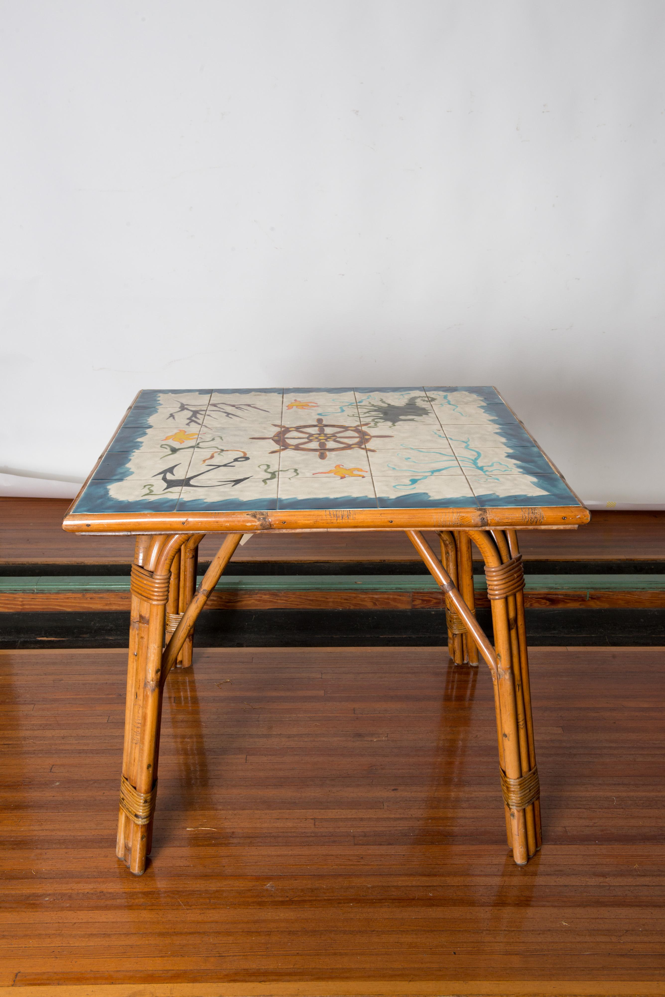Mid-Century Modern Cote D'Azur Rattan, Tile Table and Chairs  For Sale