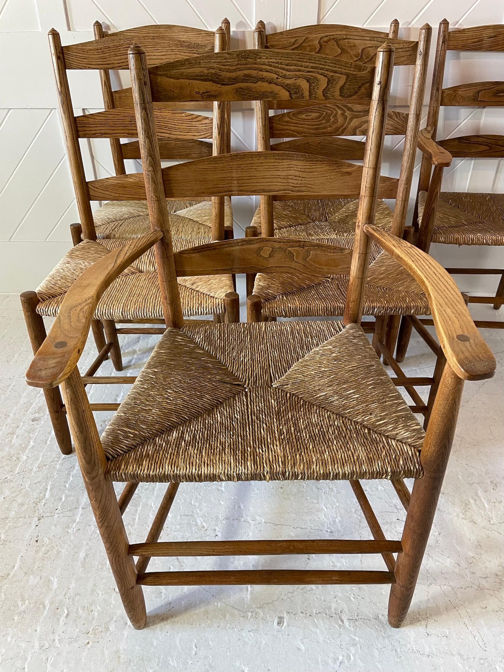 Arts & Crafts Cotswold School set of 6 ash rush seated chairs
The set consists of 2 carvers and 4 singles
circa 1920
The measurements are as follows:
Carvers: Height 98cm Width 57cm Depth 48cm
Singles: Height 98cm Width 49cm Depth 47cm

The