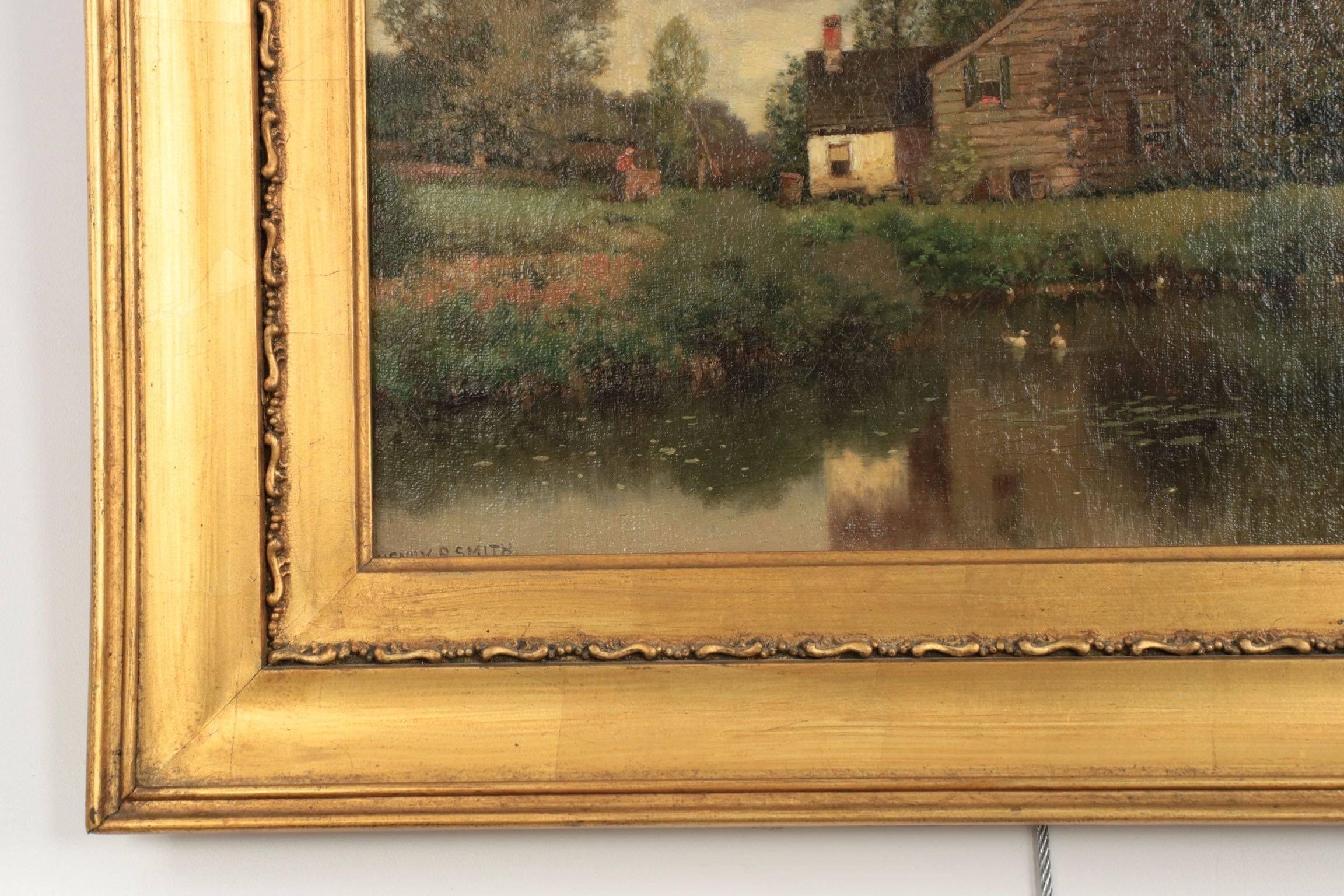 Barbizon School 'Cottage by Lake' Landscape Painting by Henry Pember Smith
