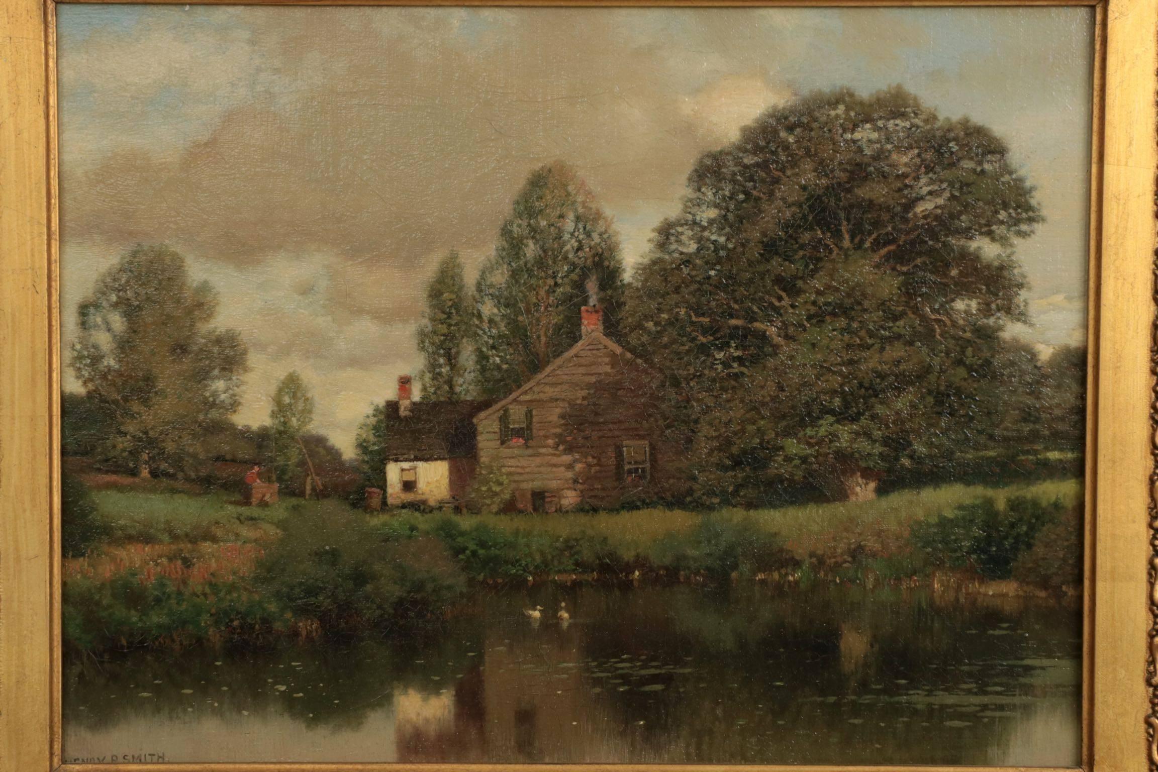 Hand-Painted 'Cottage by Lake' Landscape Painting by Henry Pember Smith