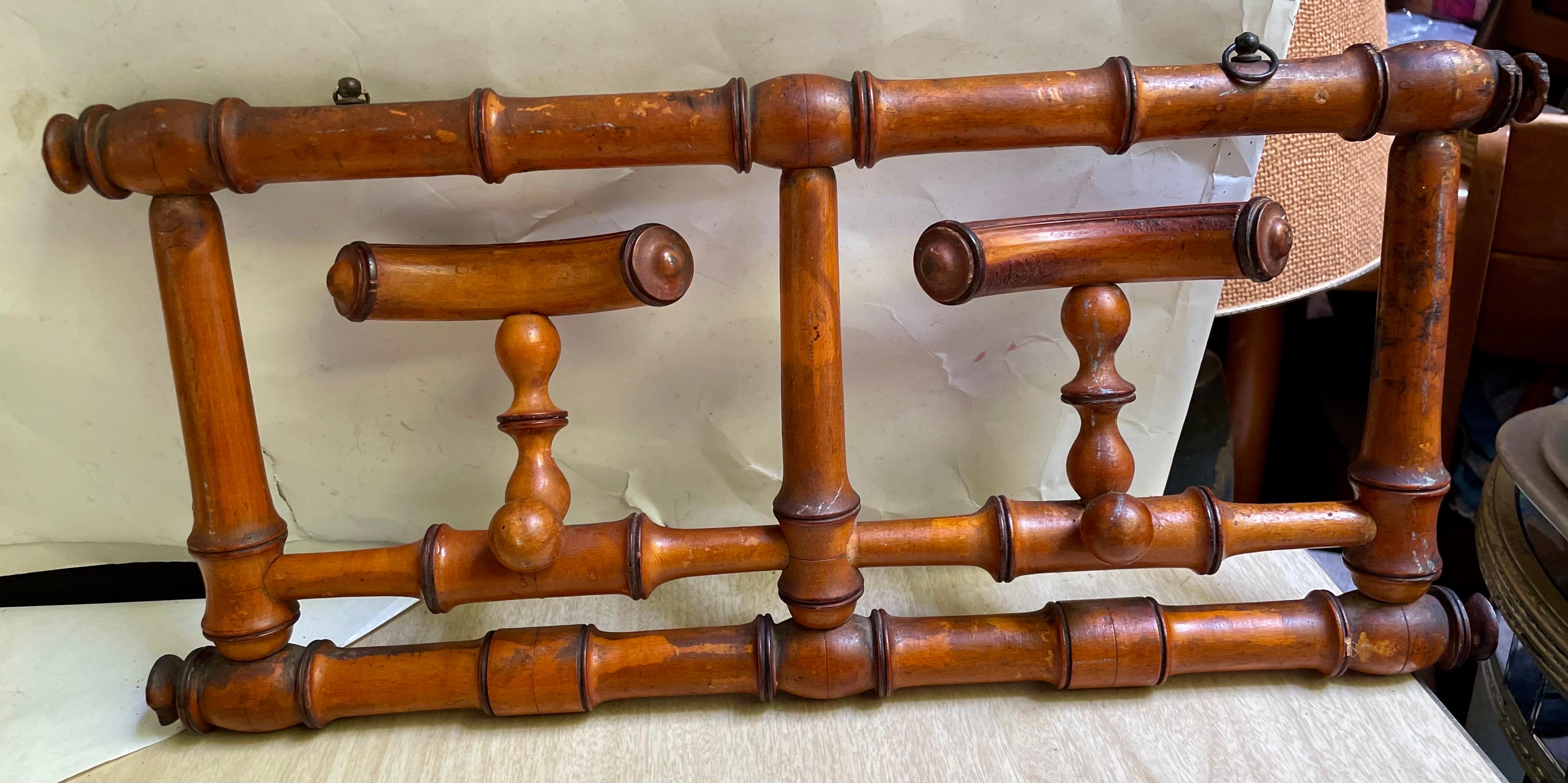 Cottage Country Rustic French Carved Faux Bamboo Hat & Coat Wall Rack Folding For Sale 1