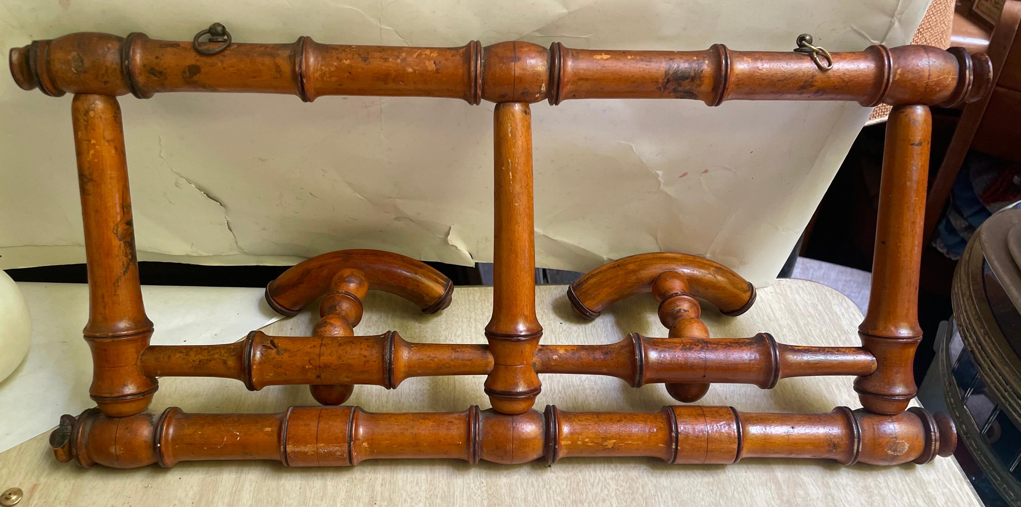 Cottage Country Rustic French Carved Faux Bamboo Hat & Coat Wall Rack Folding For Sale 4