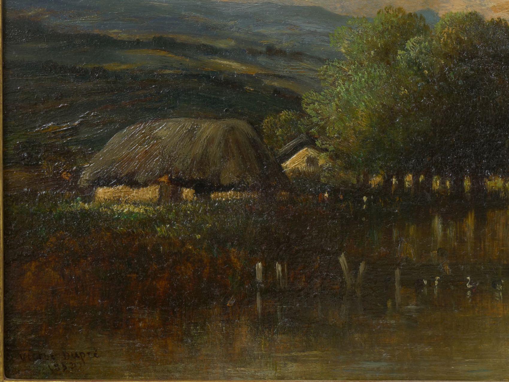 Hand-Painted “Cottage on a Lake” Barbizon Oil Painting by Victor Dupré, circa 1850