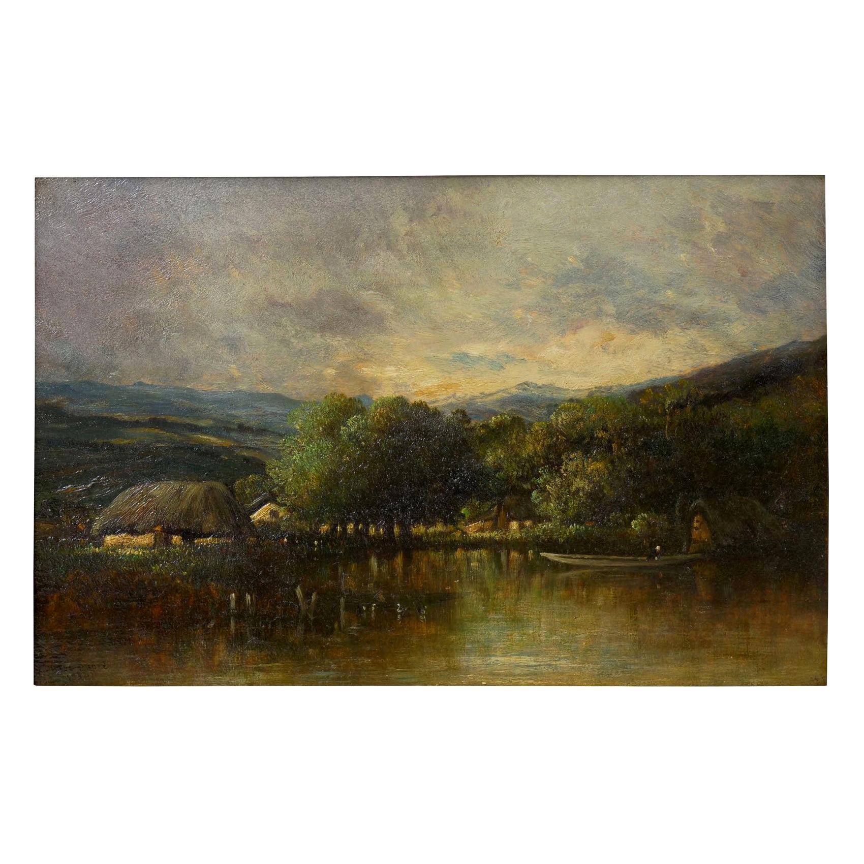 “Cottage on a Lake” Barbizon Oil Painting by Victor Dupré, circa 1850