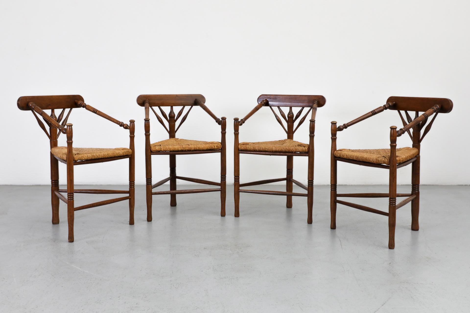 Cottage Style Tripod Dining or Accent Chairs with Triangular Rattan Seats For Sale 14