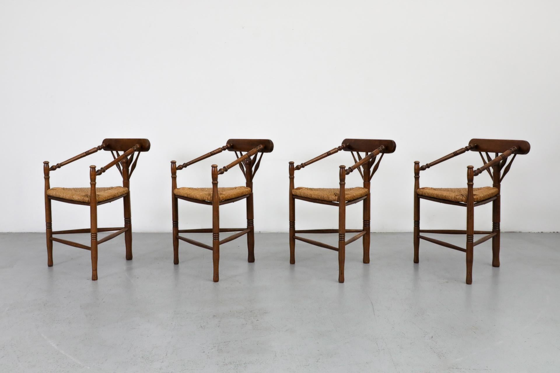 Arts and Crafts Cottage Style Tripod Dining or Accent Chairs with Triangular Rattan Seats For Sale