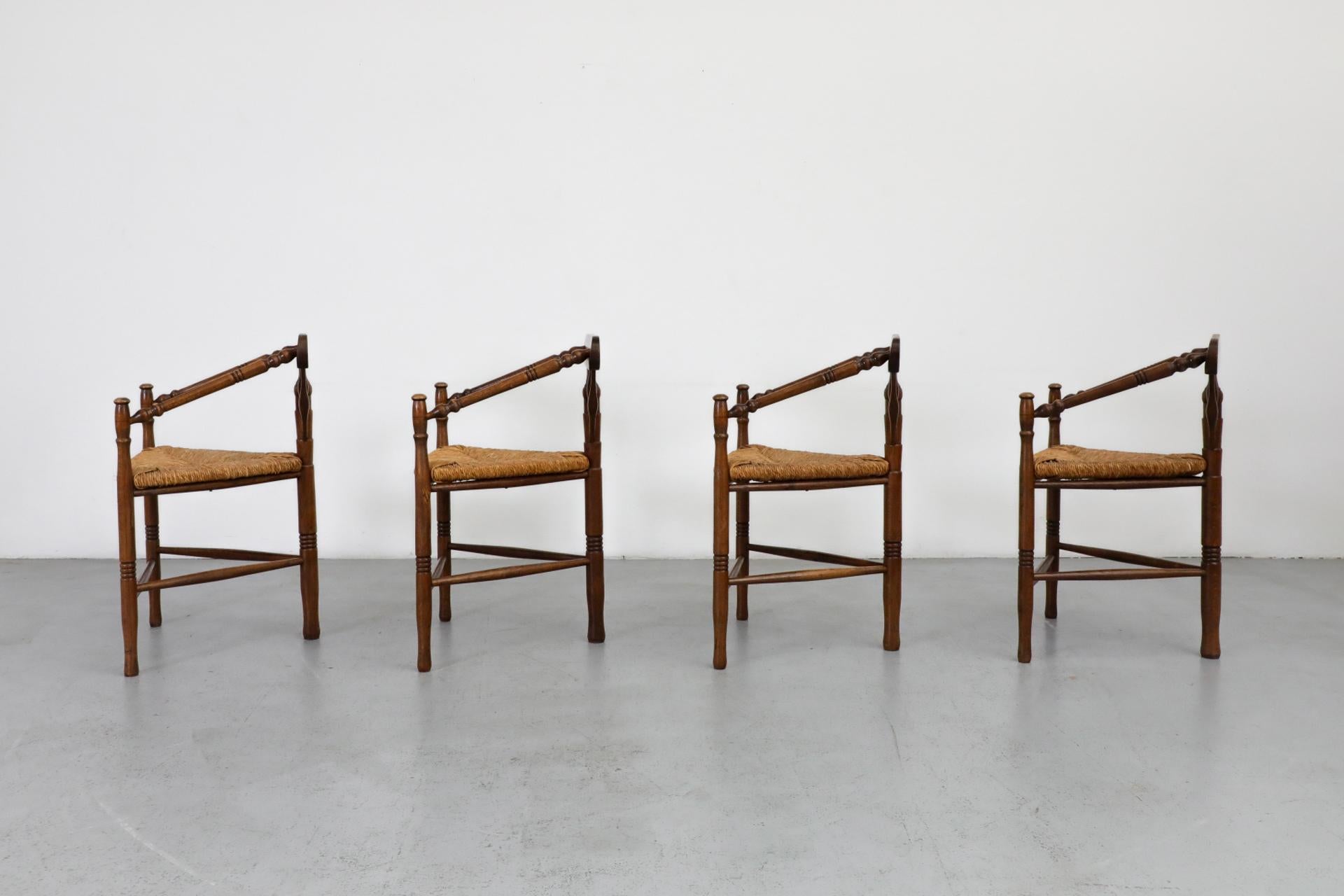 Dutch Cottage Style Tripod Dining or Accent Chairs with Triangular Rattan Seats For Sale