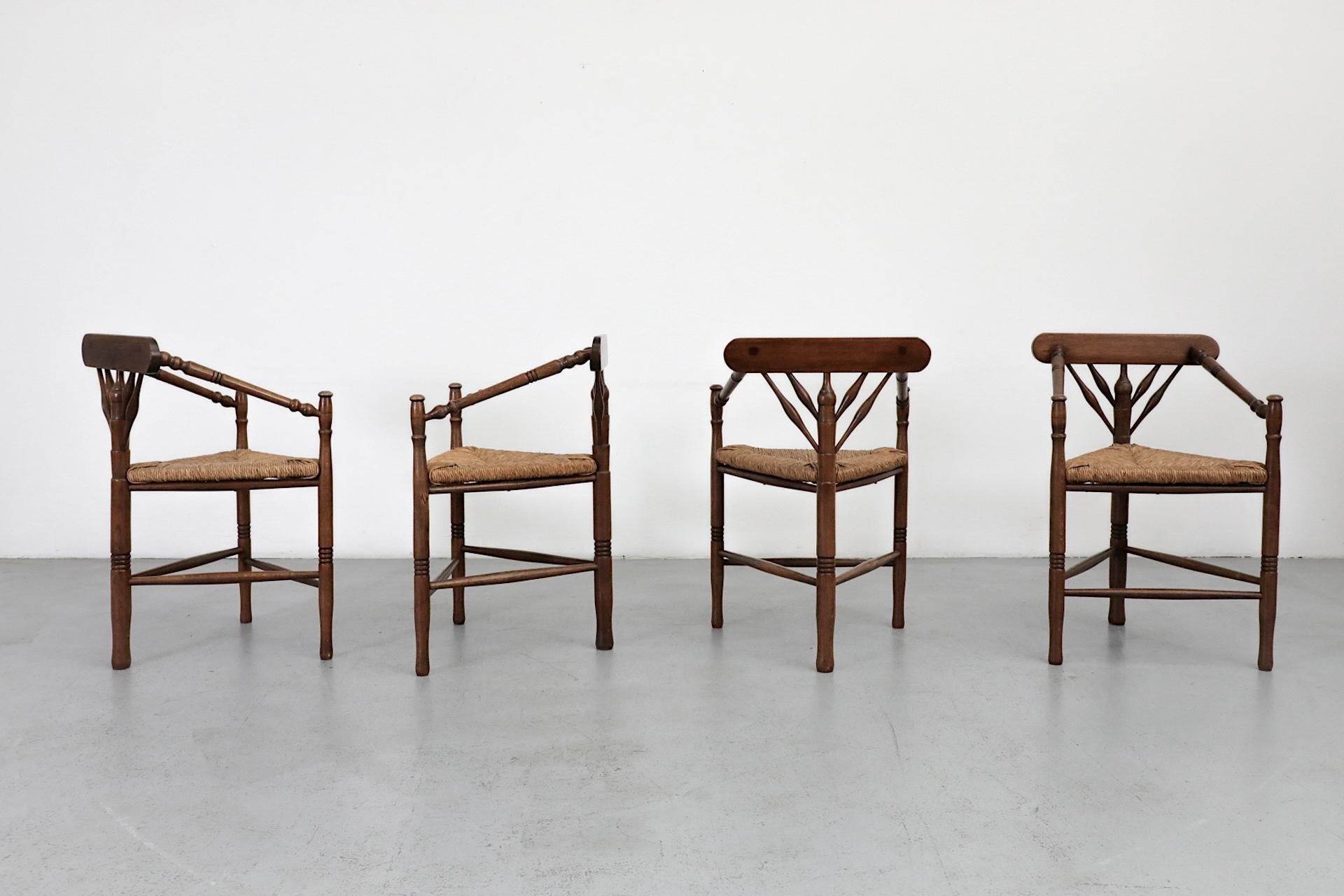Cottage Style Tripod Dining or Accent Chairs with Triangular Rattan Seats In Good Condition For Sale In Los Angeles, CA
