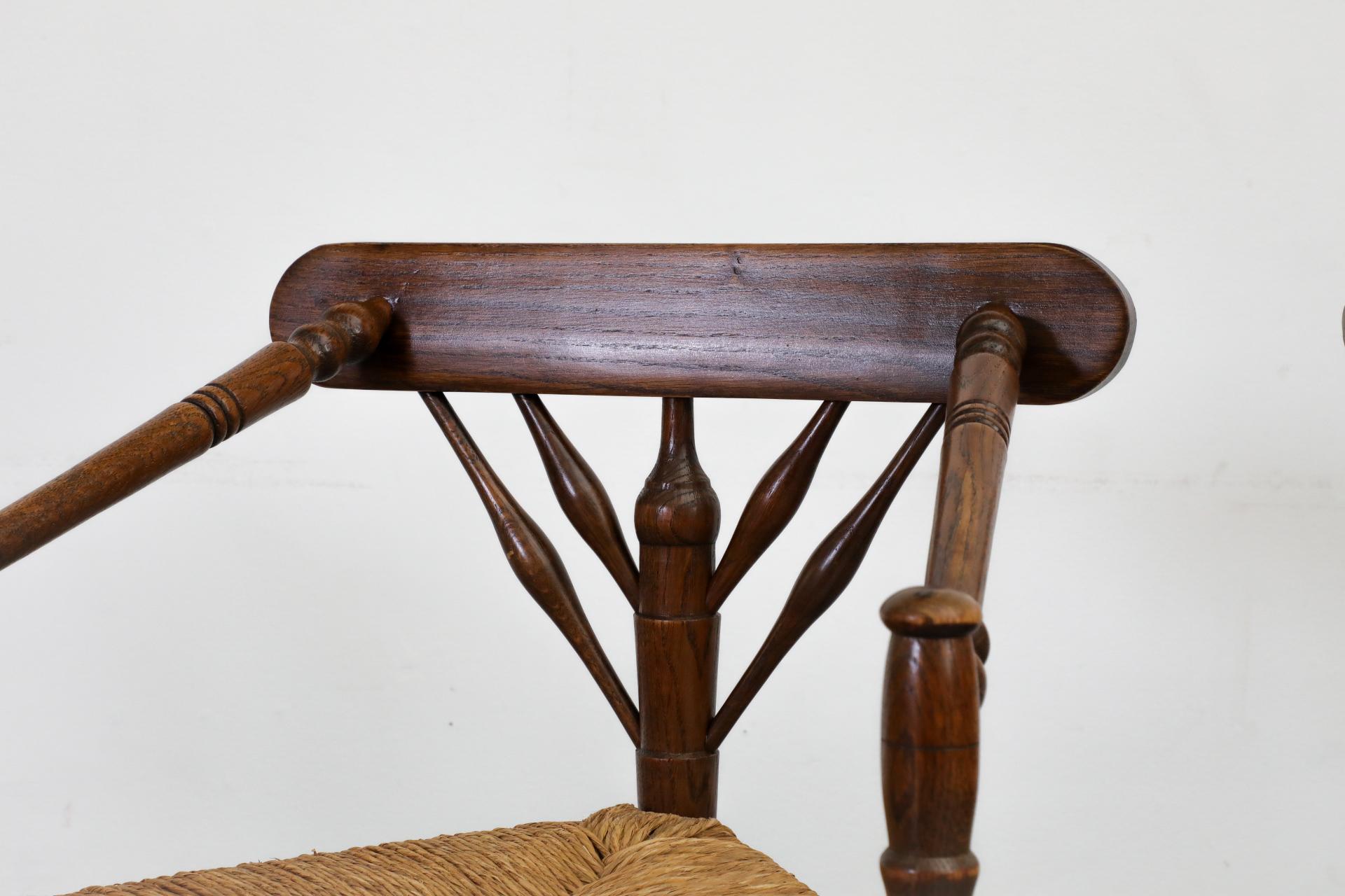 20th Century Cottage Style Tripod Dining or Accent Chairs with Triangular Rattan Seats For Sale