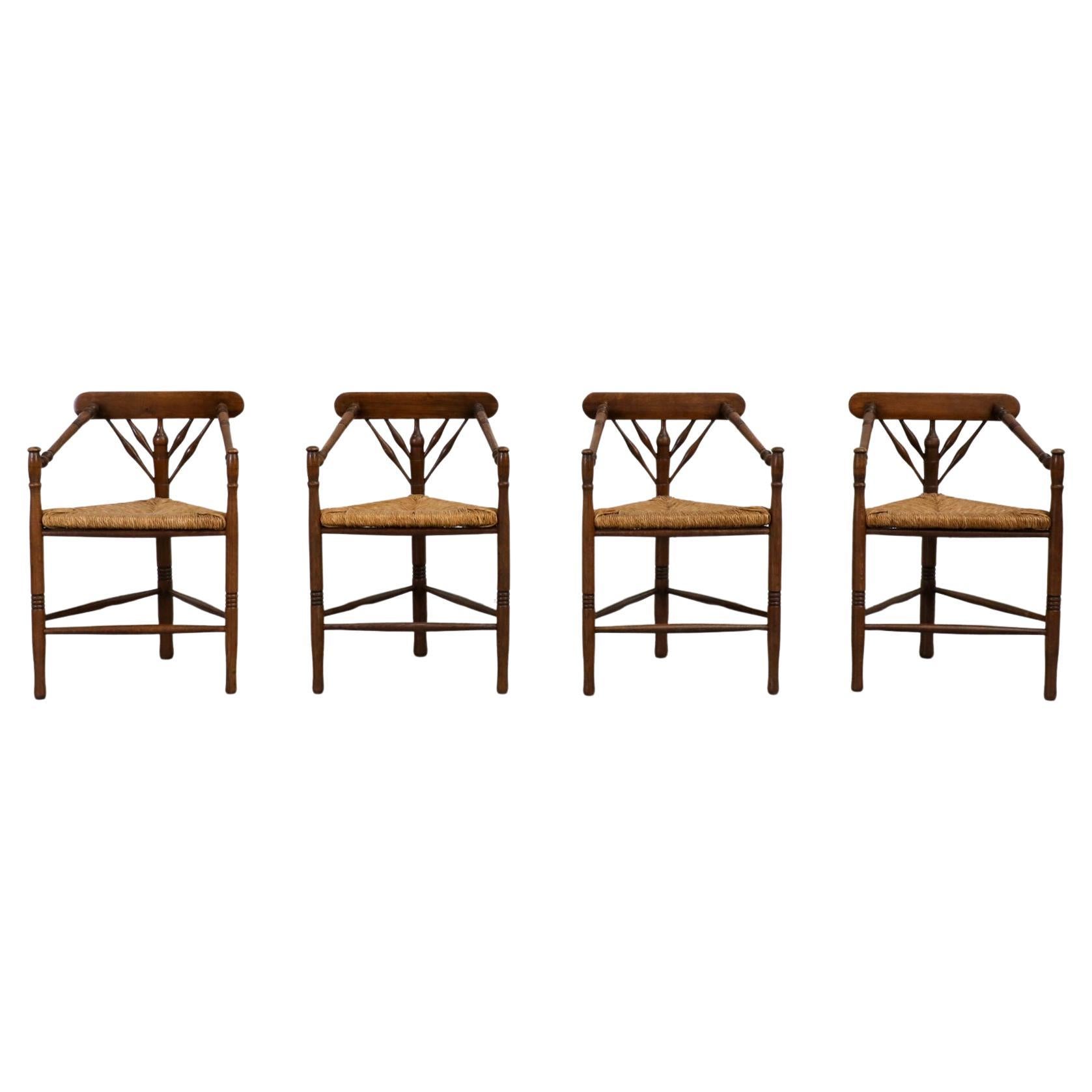 Cottage Style Tripod Dining or Accent Chairs with Triangular Rattan Seats For Sale