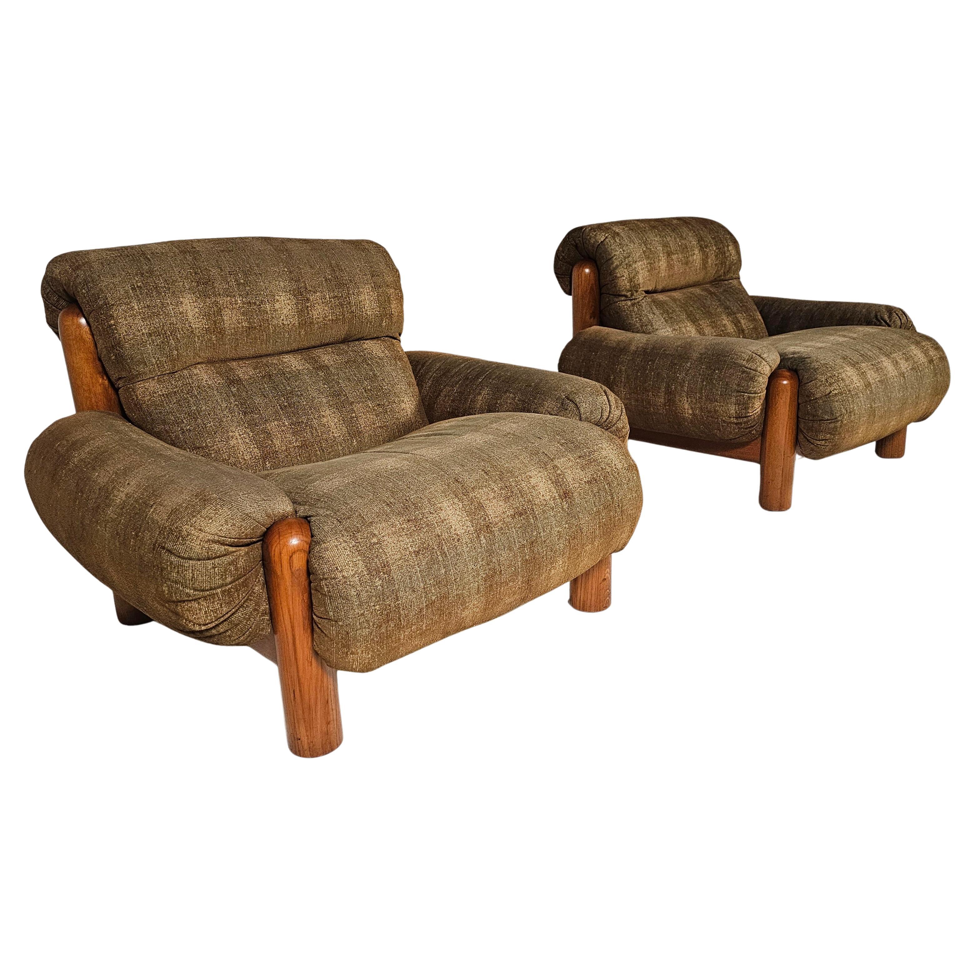Loungesessel im Landhausstil xxl aus Eiche und Stoff, Deutschland, 1970er Jahre (Europäisch) im Angebot