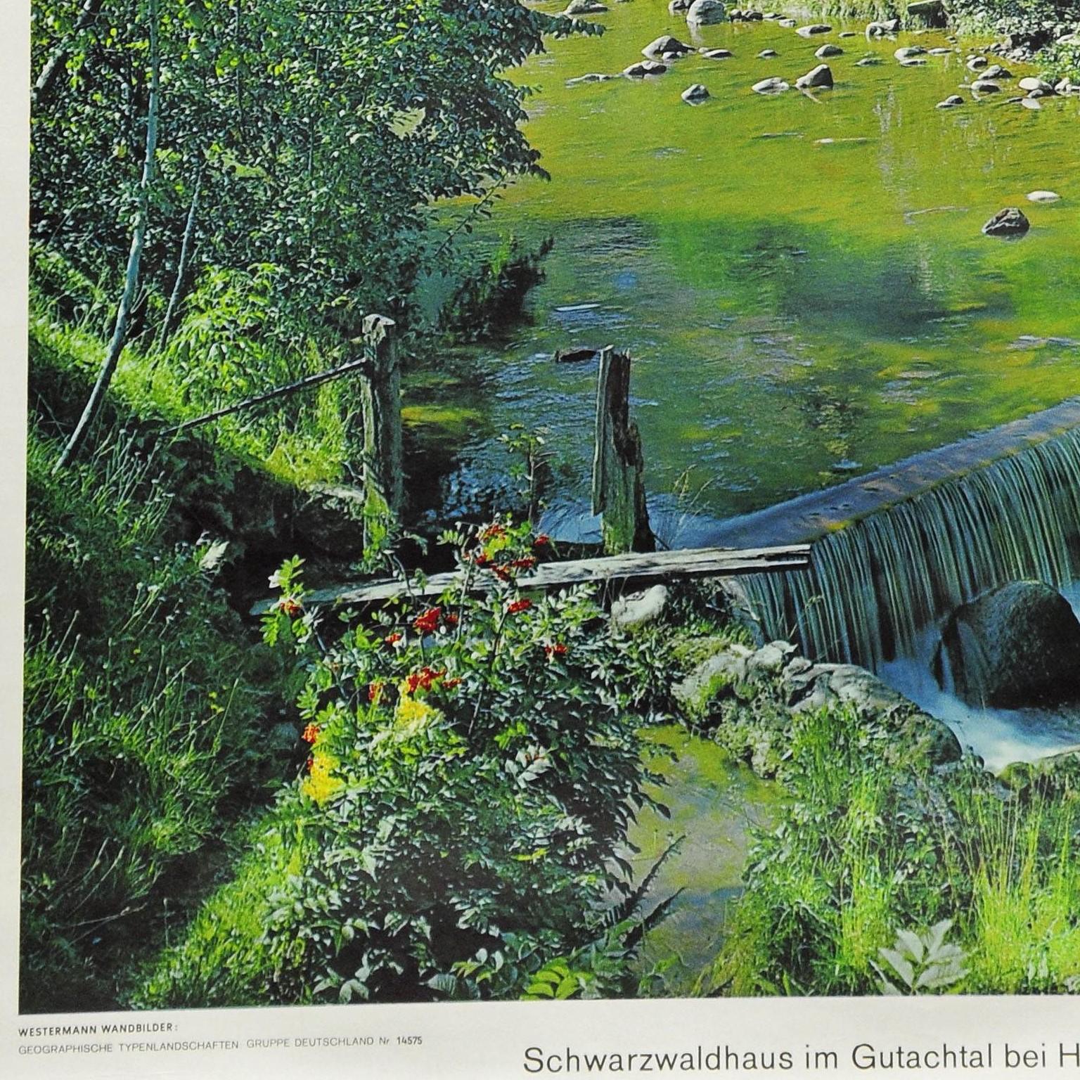 Cottagecore Black Forest Haus Landschaft Landschaft Fluss Damm Wandkarte Poster im Zustand „Gut“ im Angebot in Berghuelen, DE
