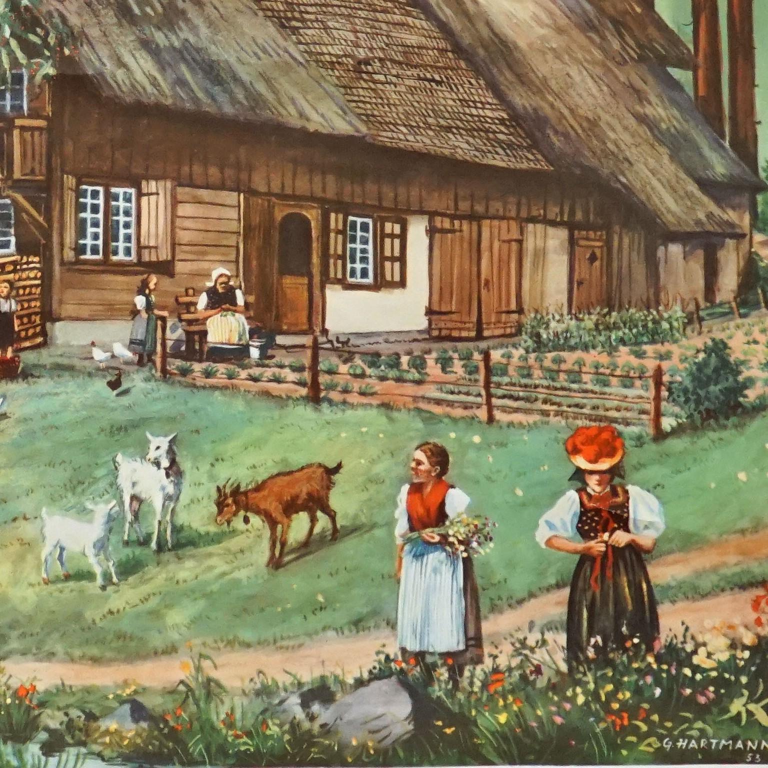 German Cottagecore Mural Black Forest Farming House Vintage Rollable WallChart  For Sale