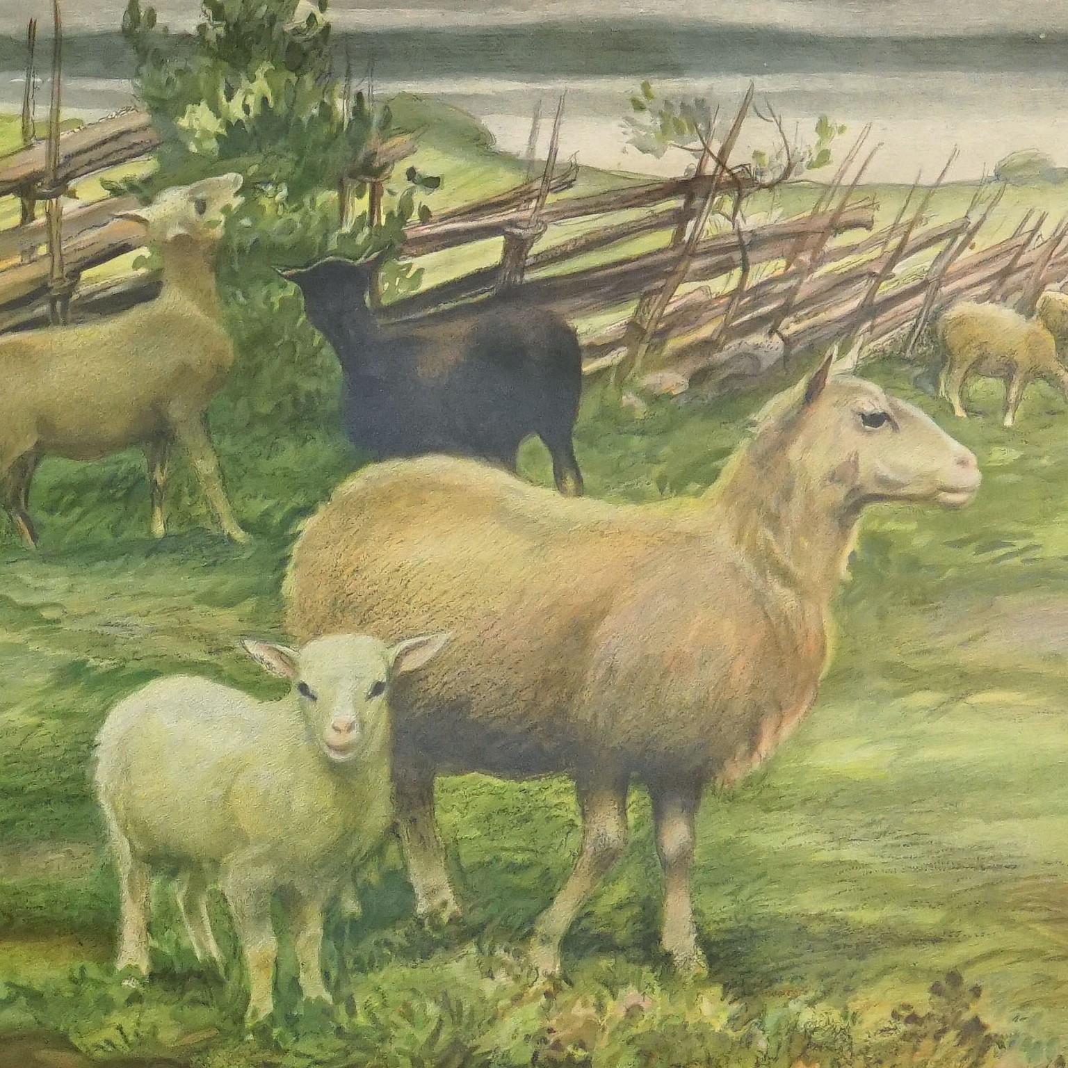 Country Cottagecore Mural Tableau mural enroulable vintage Moutons dans la campagne en vente