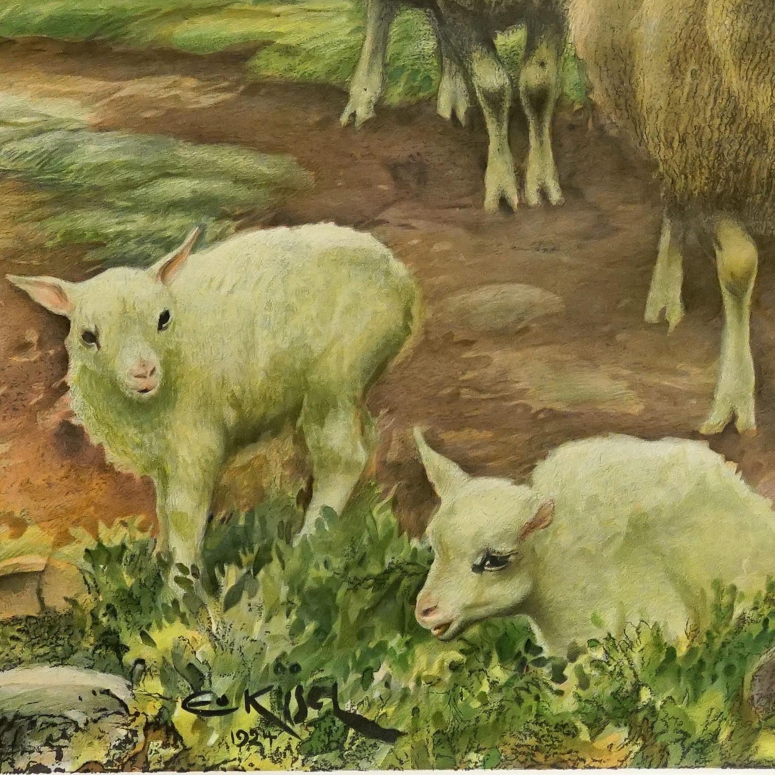 Allemand Cottagecore Mural Tableau mural enroulable vintage Moutons dans la campagne en vente