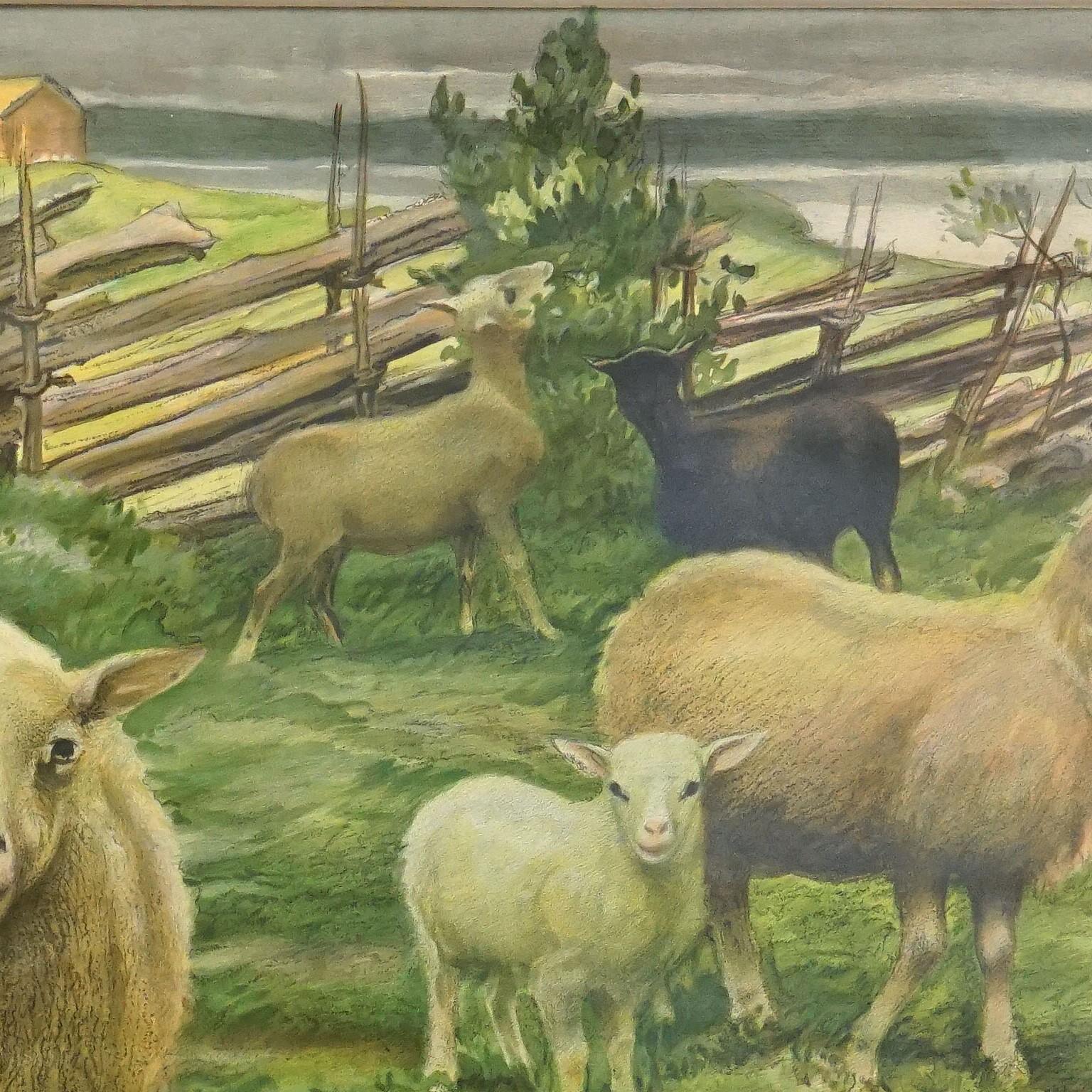 Cottagecore Mural Tableau mural enroulable vintage Moutons dans la campagne Bon état - En vente à Berghuelen, DE