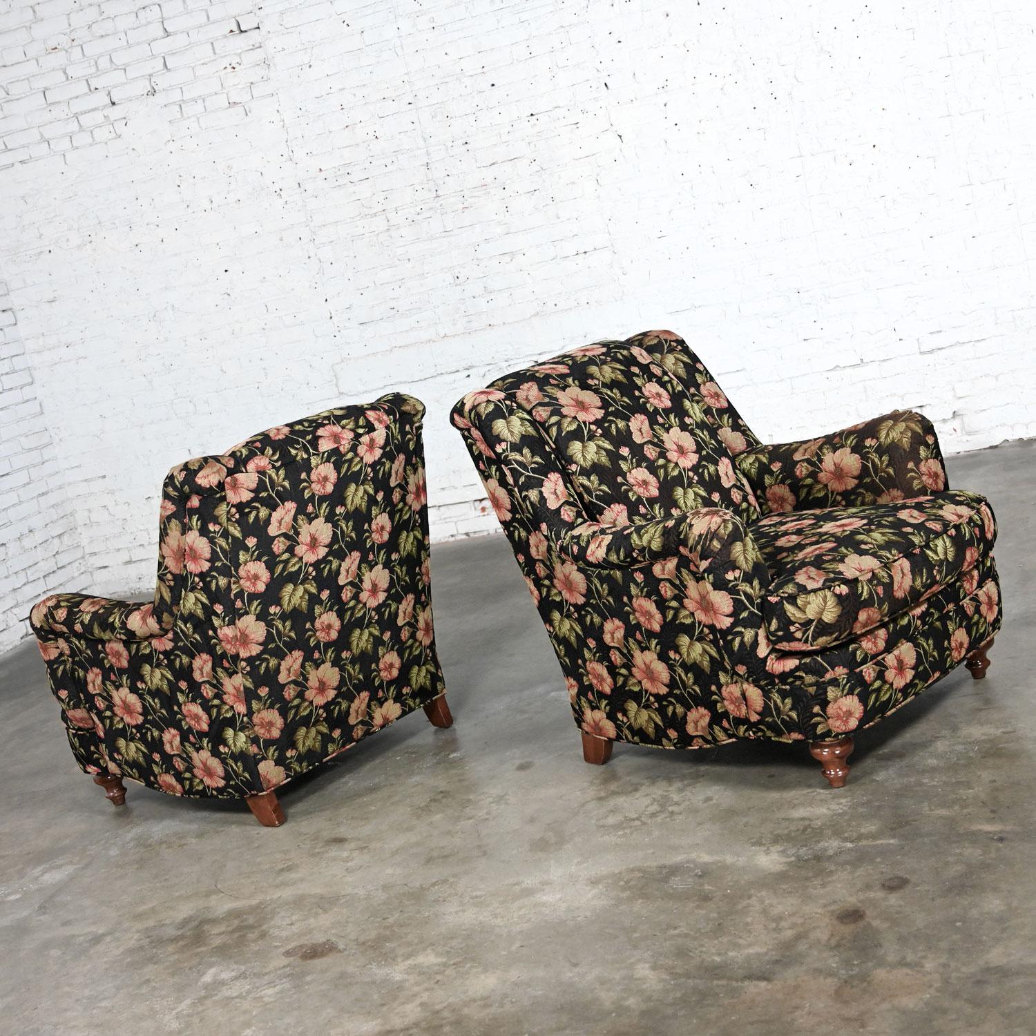 Lovely Late 20th Century Cottagecore Style pair of floral lounge chairs by Sam Moore Furniture a Division of Hooker Furniture. Beautiful condition, keeping in mind that these are vintage and not new so will have signs of use and wear even if it has