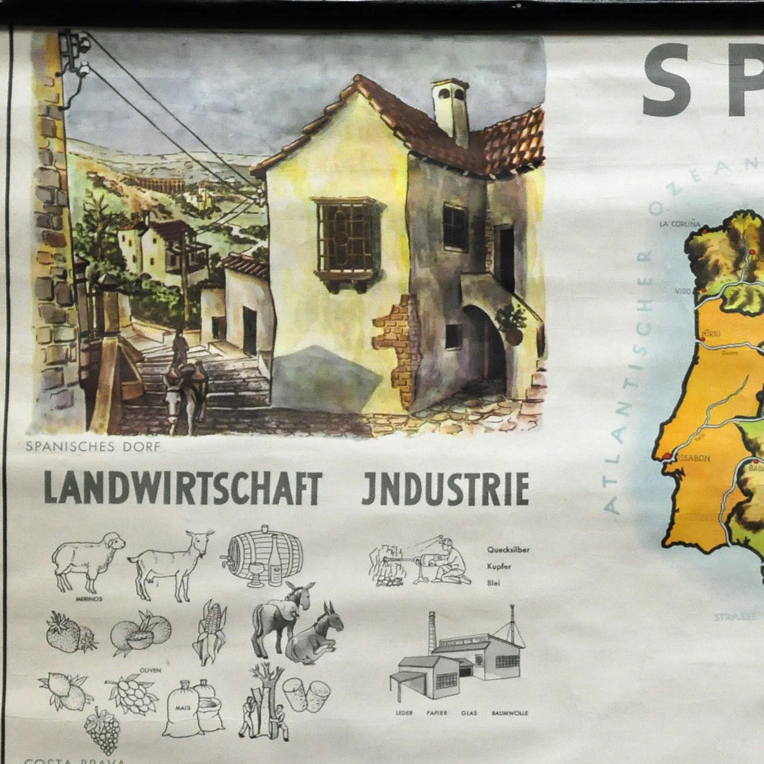 A countrycore vintage pull-down wall chart depicting Spain with a map and coloful pictures of citylife and countryside. Used as teaching material in German schools. colorful print on paper reinforced with canvas. published by P. Stockmann, Bochum.