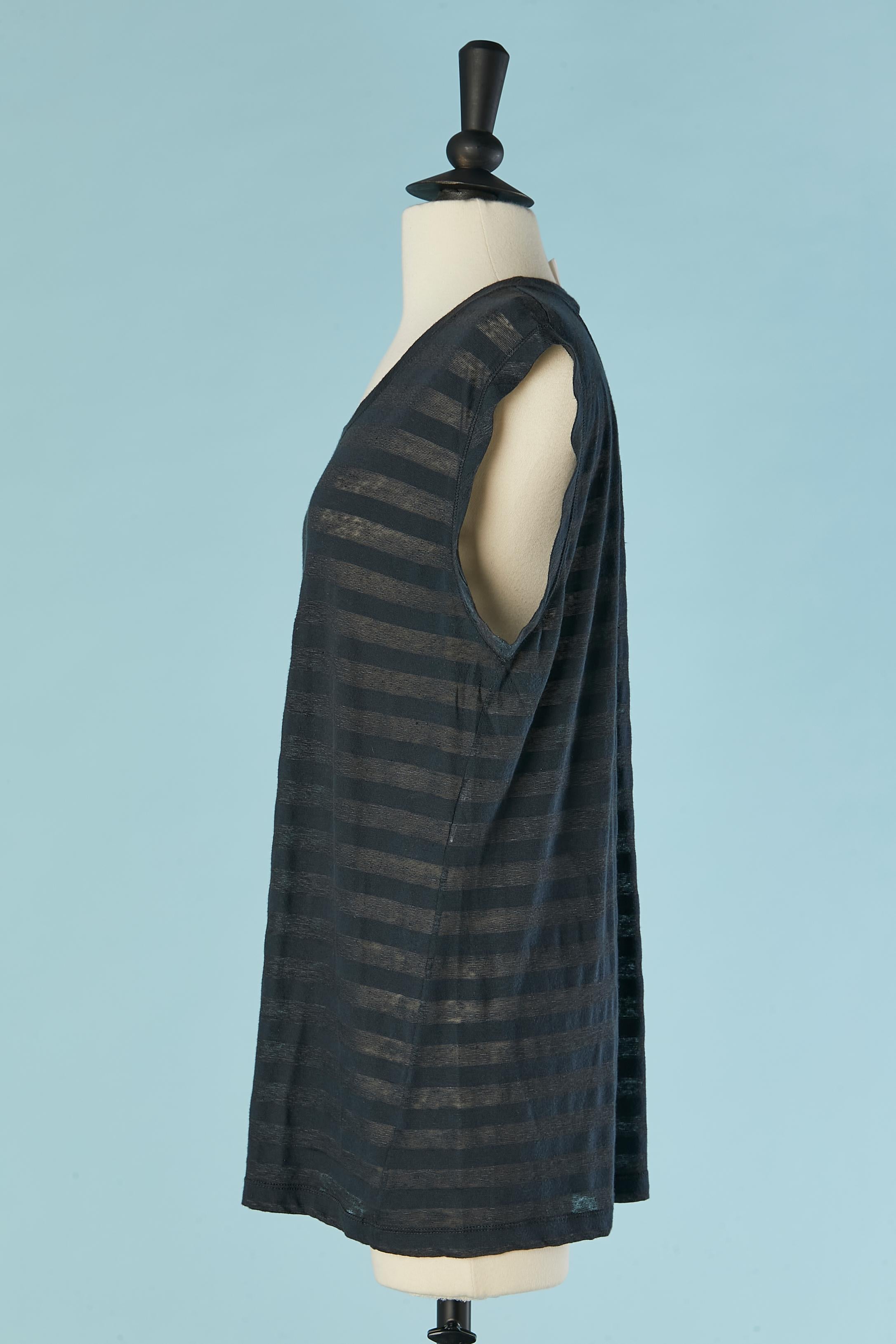 Black Cotton and linen striped sleeveless t-shirt with 