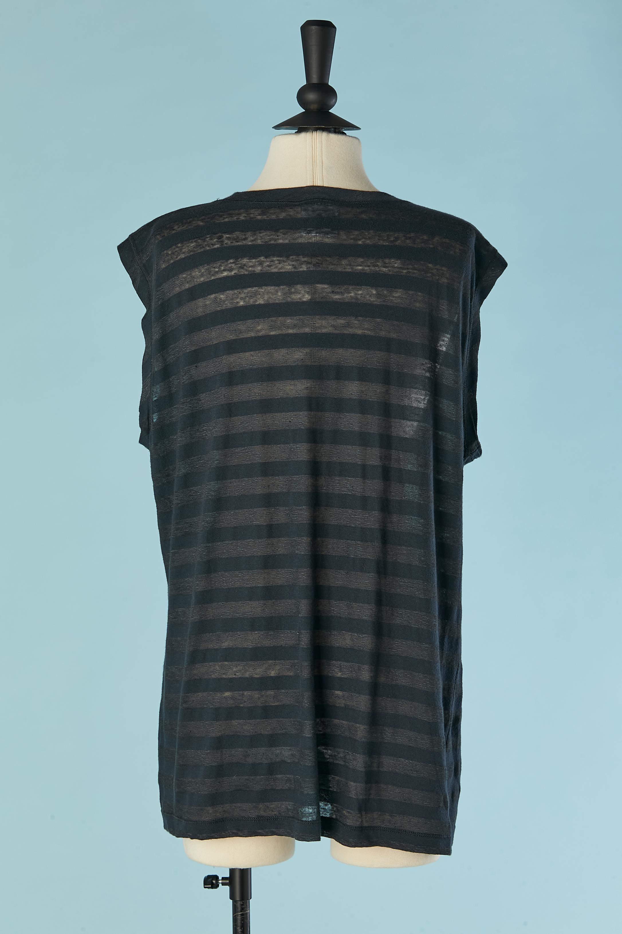 Cotton and linen striped sleeveless t-shirt with 