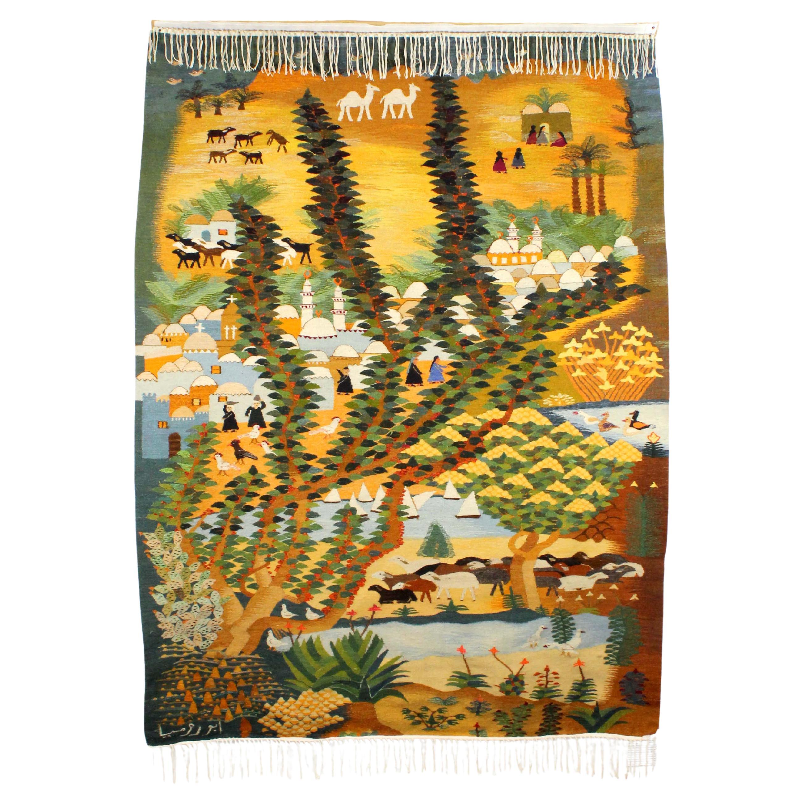 Cotton and wool tapestry - Ramses Wissa Wassef School with manufacturer's signat For Sale