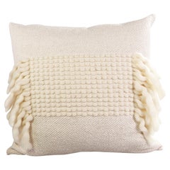 Cotton and Wool Woven Ivory Handmade Rustic Cotton Pillow with Fringe
