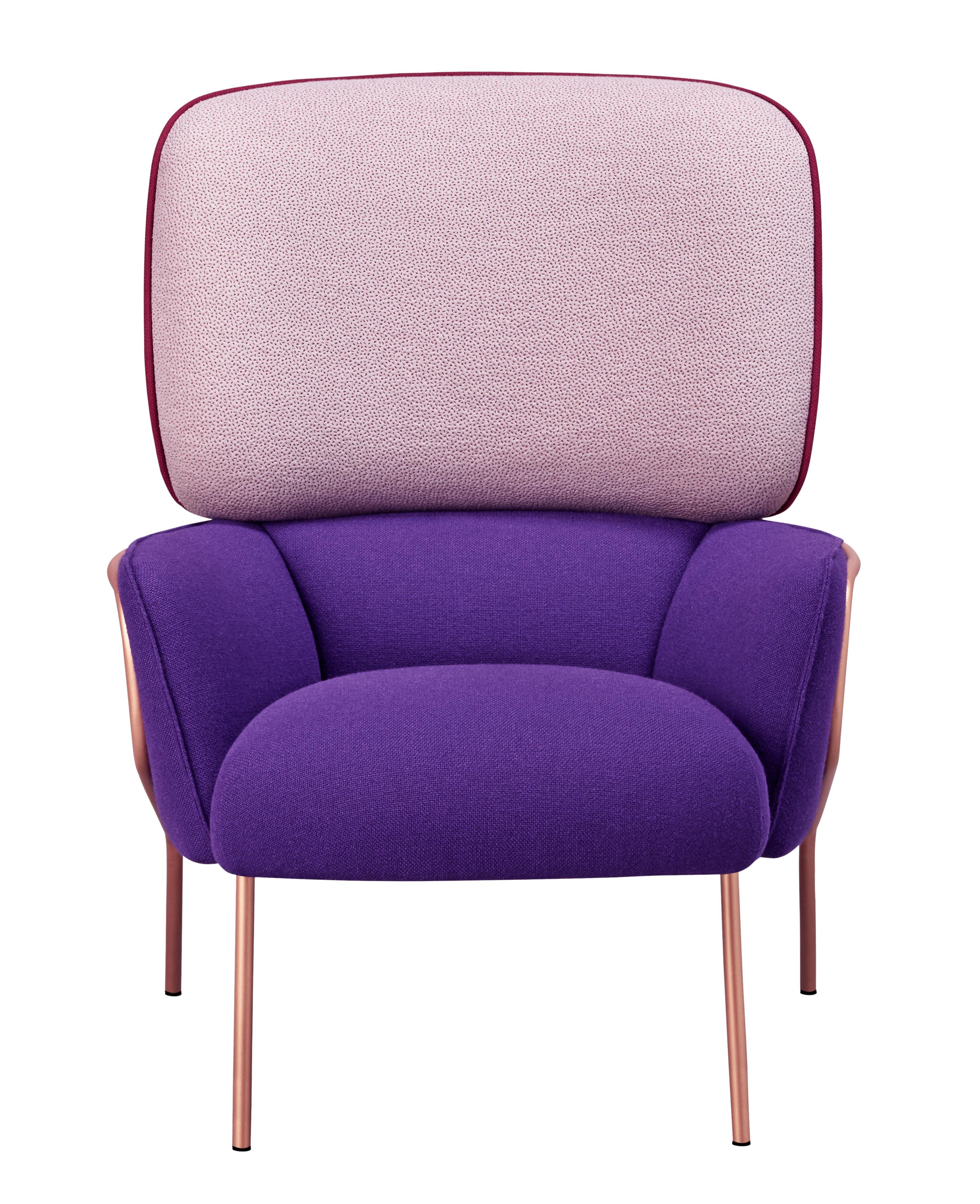 Cotton armchair - purple by Eli Gutiérrez
Dimensions: W78, D90, H104, Seat 43
Materials: Pinewood structure reinforced with plywood and tablex
Foam CMHR (high resilience and flame retardant) for all our cushion filling systems
Painted or chromed