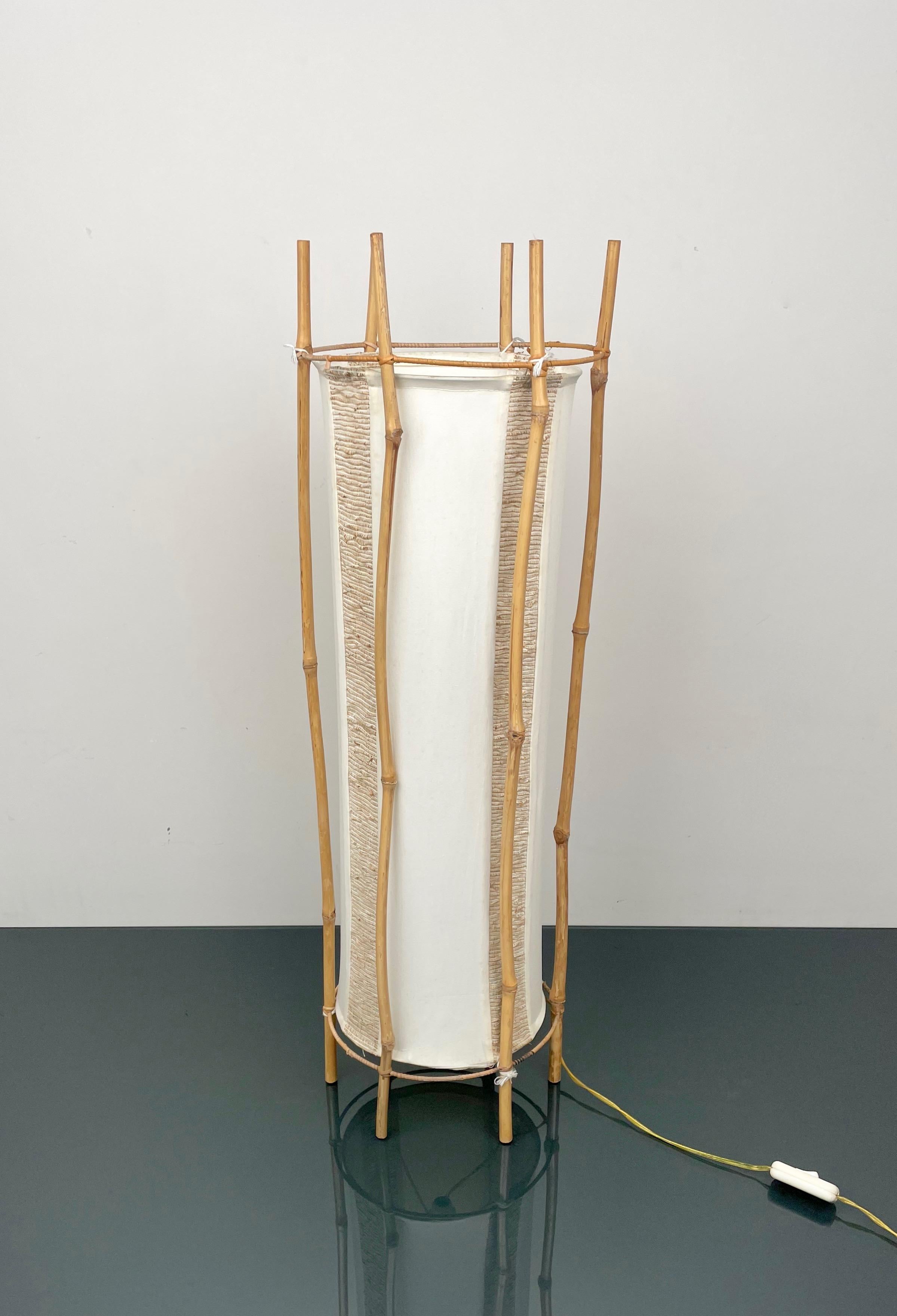 Cotton, Bamboo & Rattan Floor Lamp Attributed to Louis Sognot, France 1960s For Sale 4
