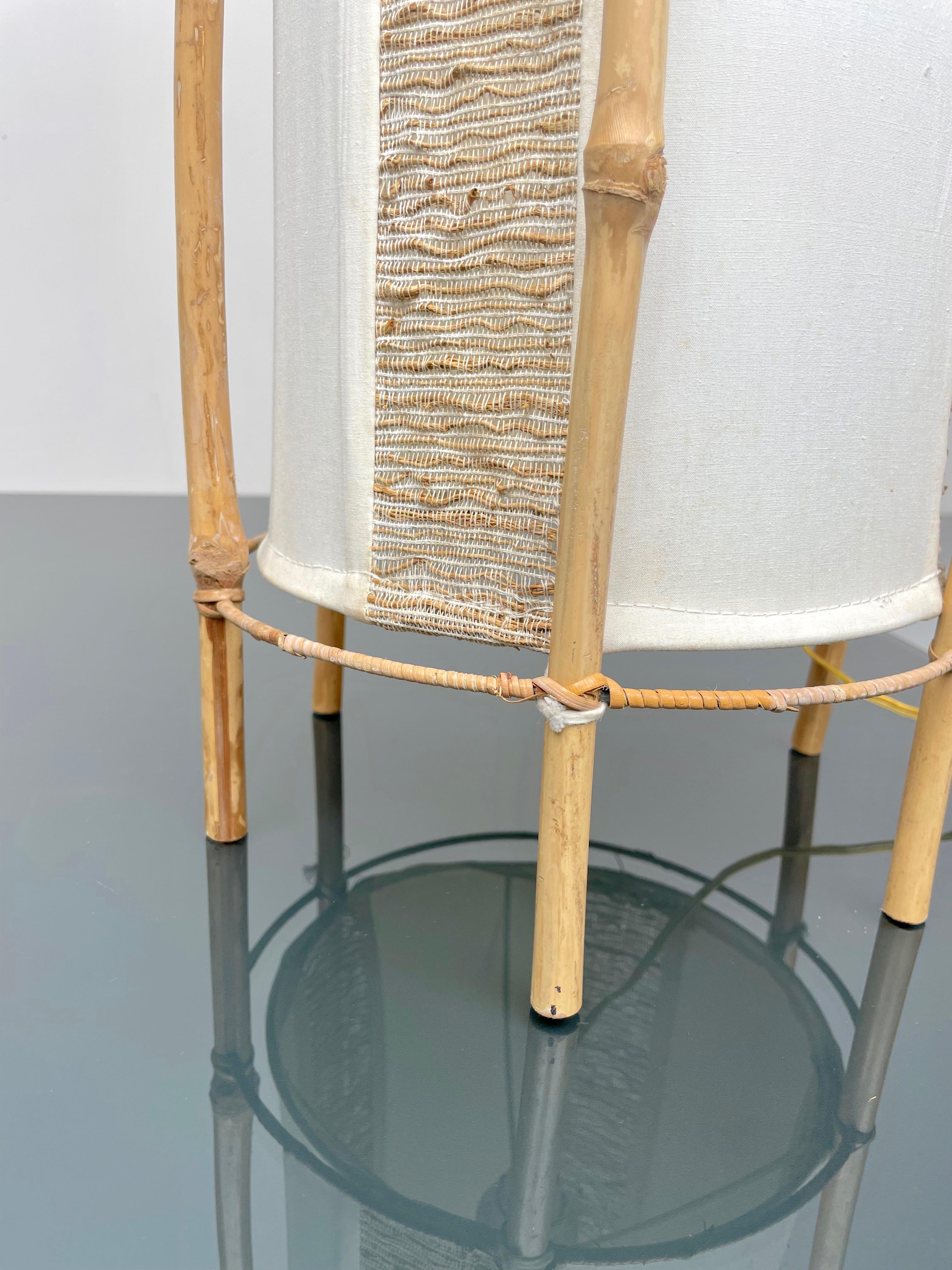Cotton, Bamboo & Rattan Floor Lamp Attributed to Louis Sognot, France 1960s For Sale 6