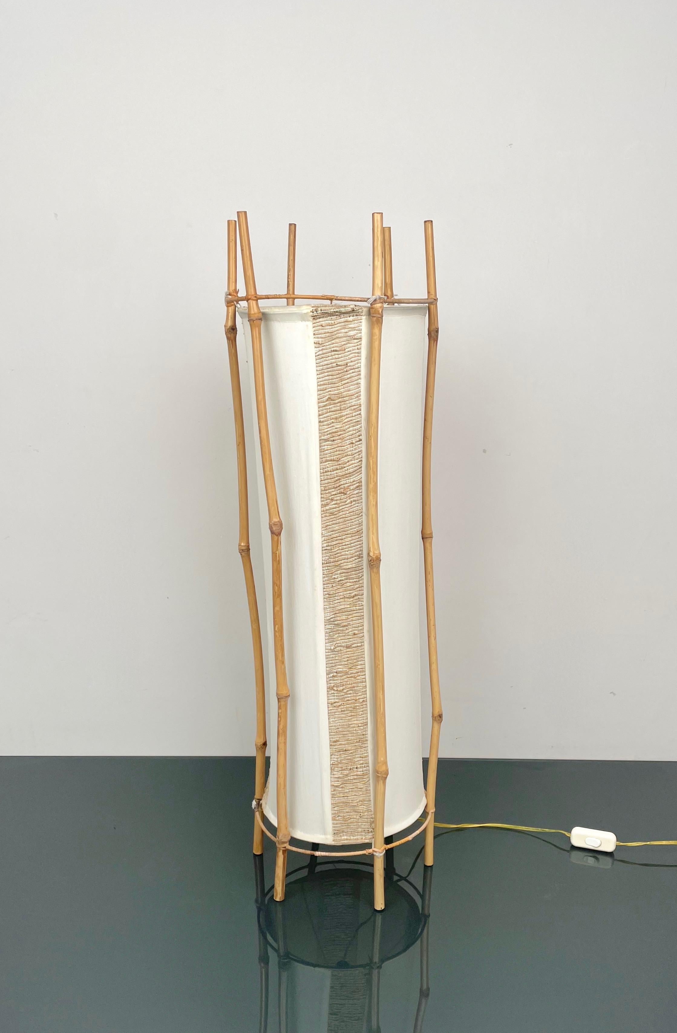 French Cotton, Bamboo & Rattan Floor Lamp Attributed to Louis Sognot, France 1960s For Sale