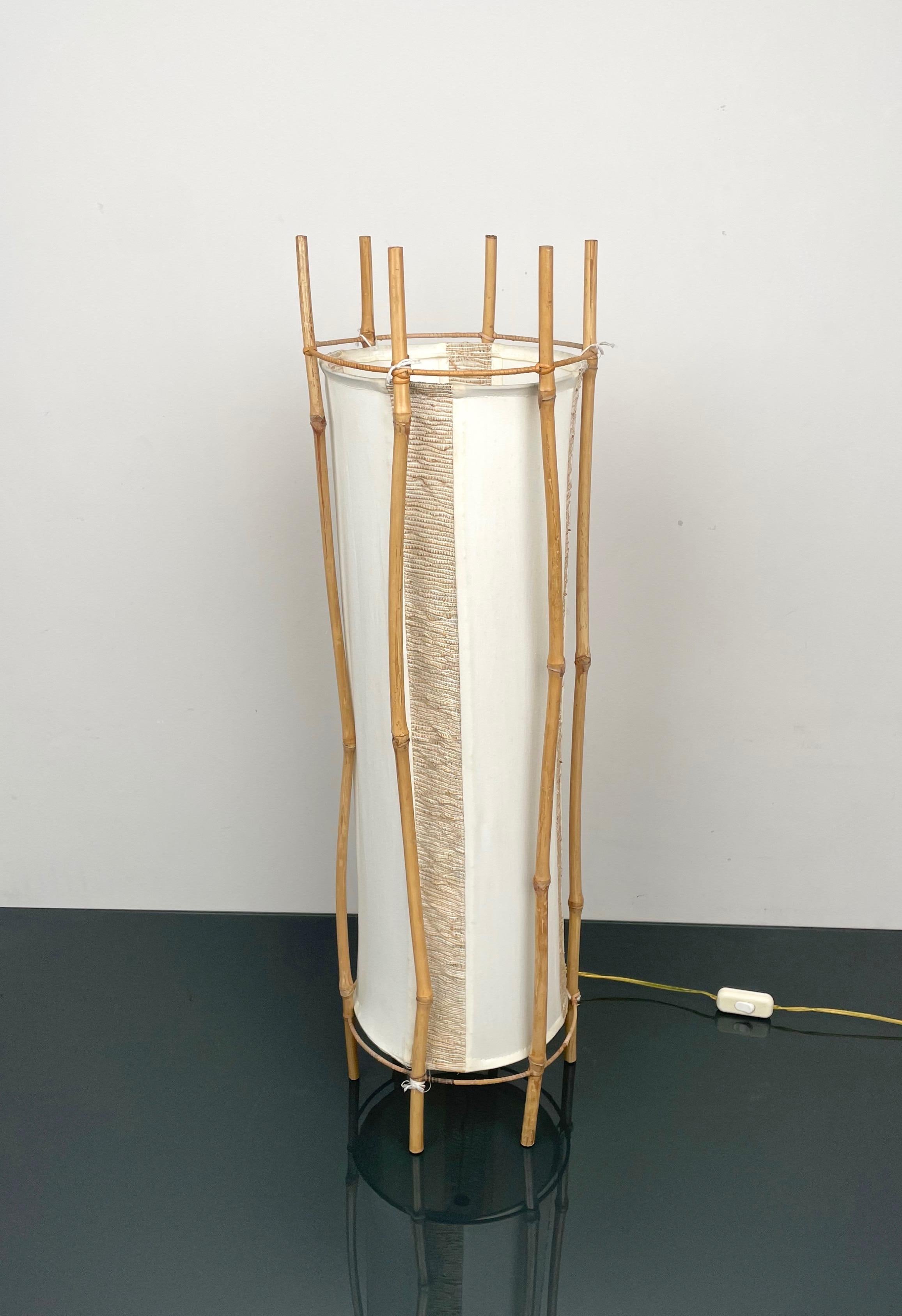 Cotton, Bamboo & Rattan Floor Lamp Attributed to Louis Sognot, France 1960s In Good Condition For Sale In Rome, IT