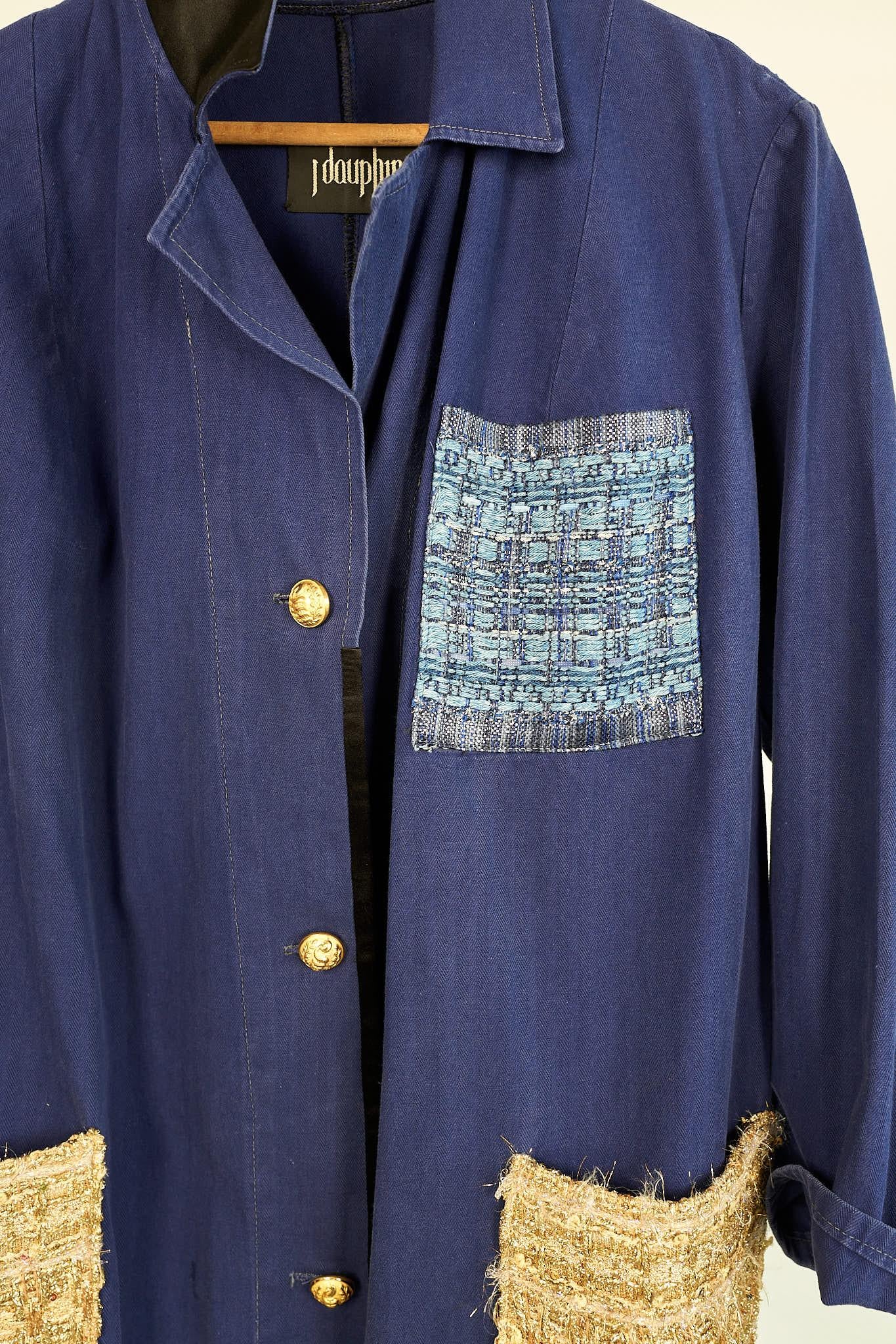 Cotton Blazer Jacket  Blue French Gold Tweed Vintage J Dauphin Medium In New Condition In Los Angeles, CA