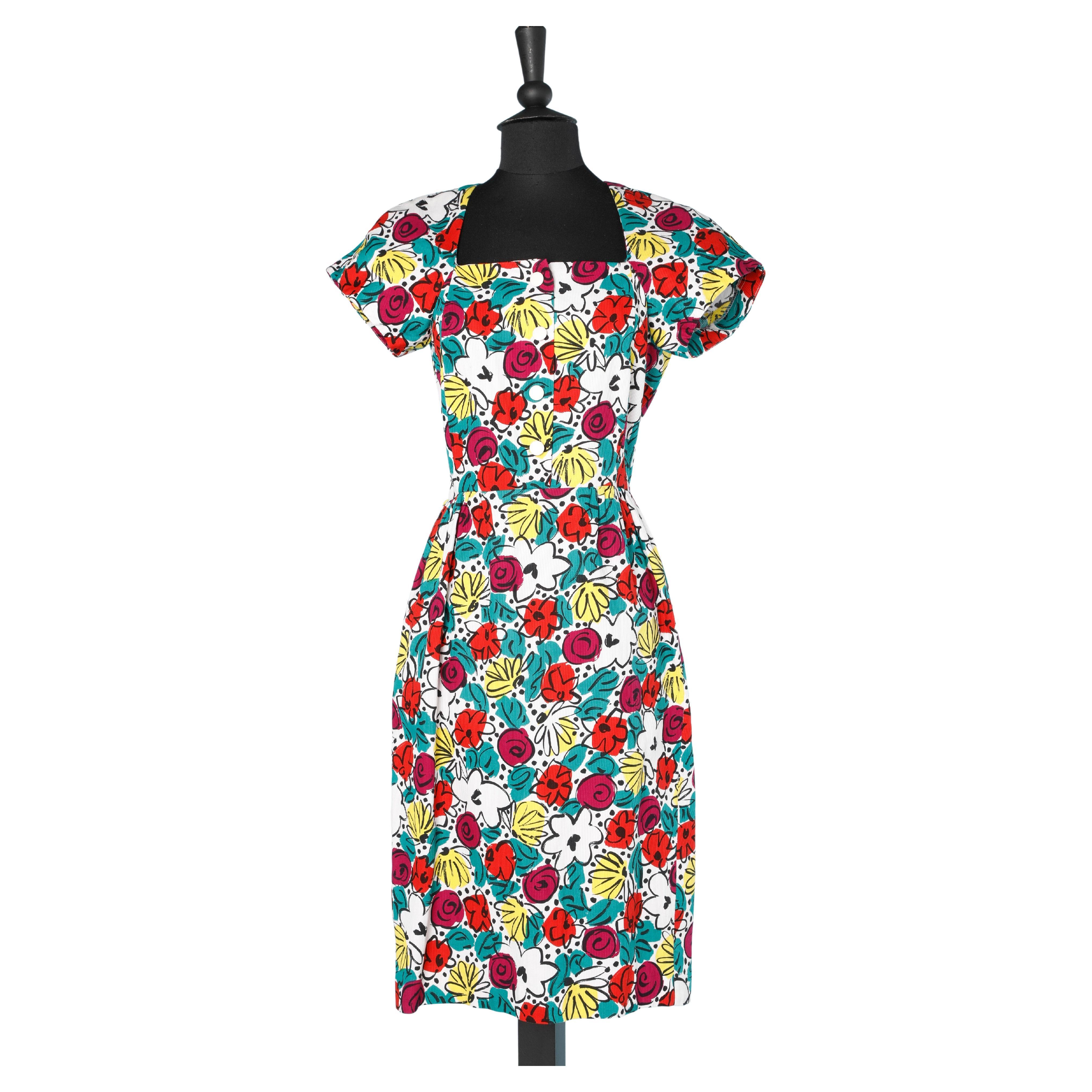 Cotton day dress with flower print on Création Pierre Cardin Paris  For Sale