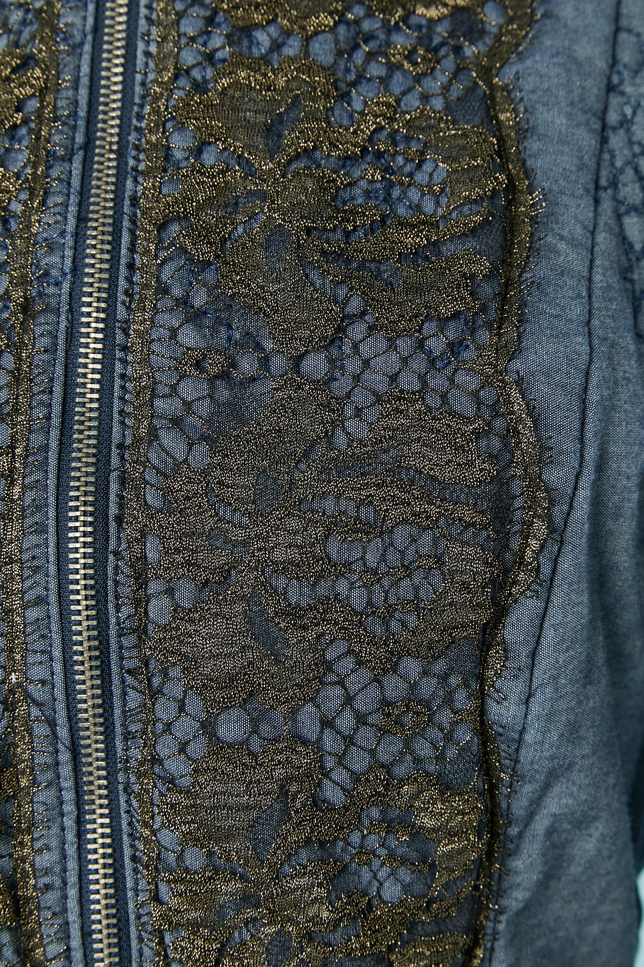 Black Cotton denim lightly padded coat with gold lace appliqué Christian Lacroix Jeans For Sale