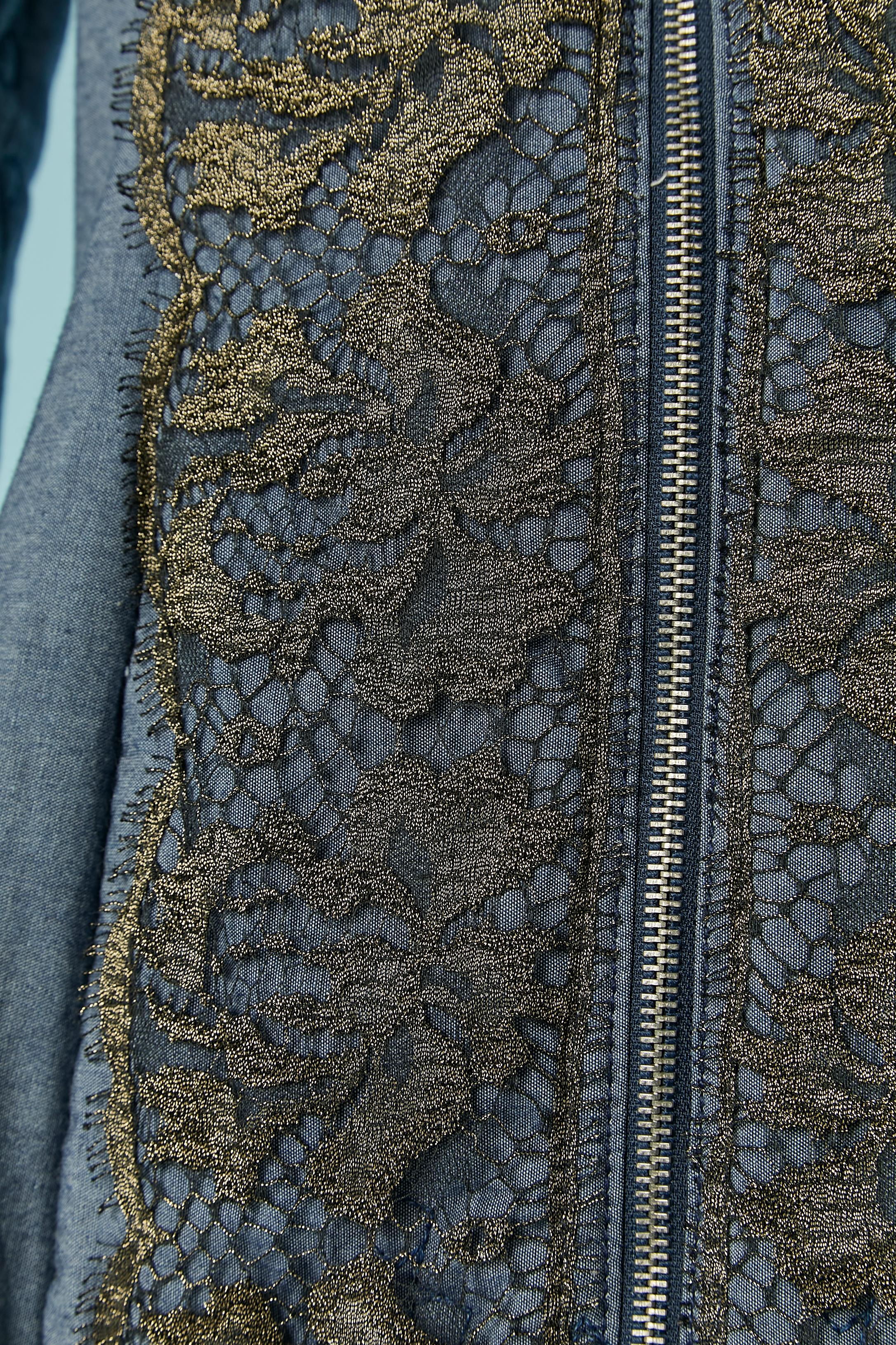 Cotton denim lightly padded coat with gold lace appliqué Christian Lacroix Jeans In Excellent Condition For Sale In Saint-Ouen-Sur-Seine, FR