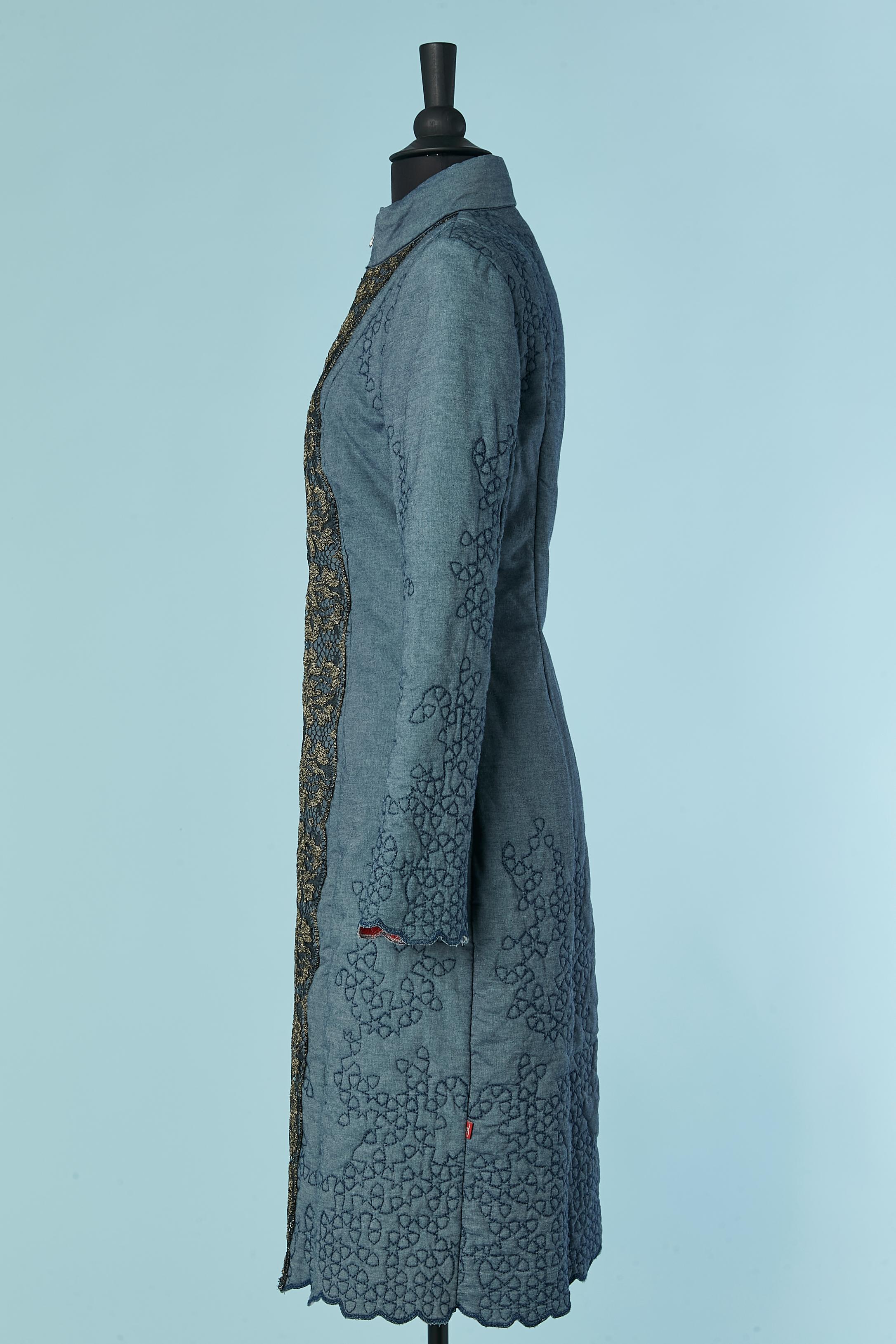 Cotton denim lightly padded coat with gold lace appliqué Christian Lacroix Jeans For Sale 3