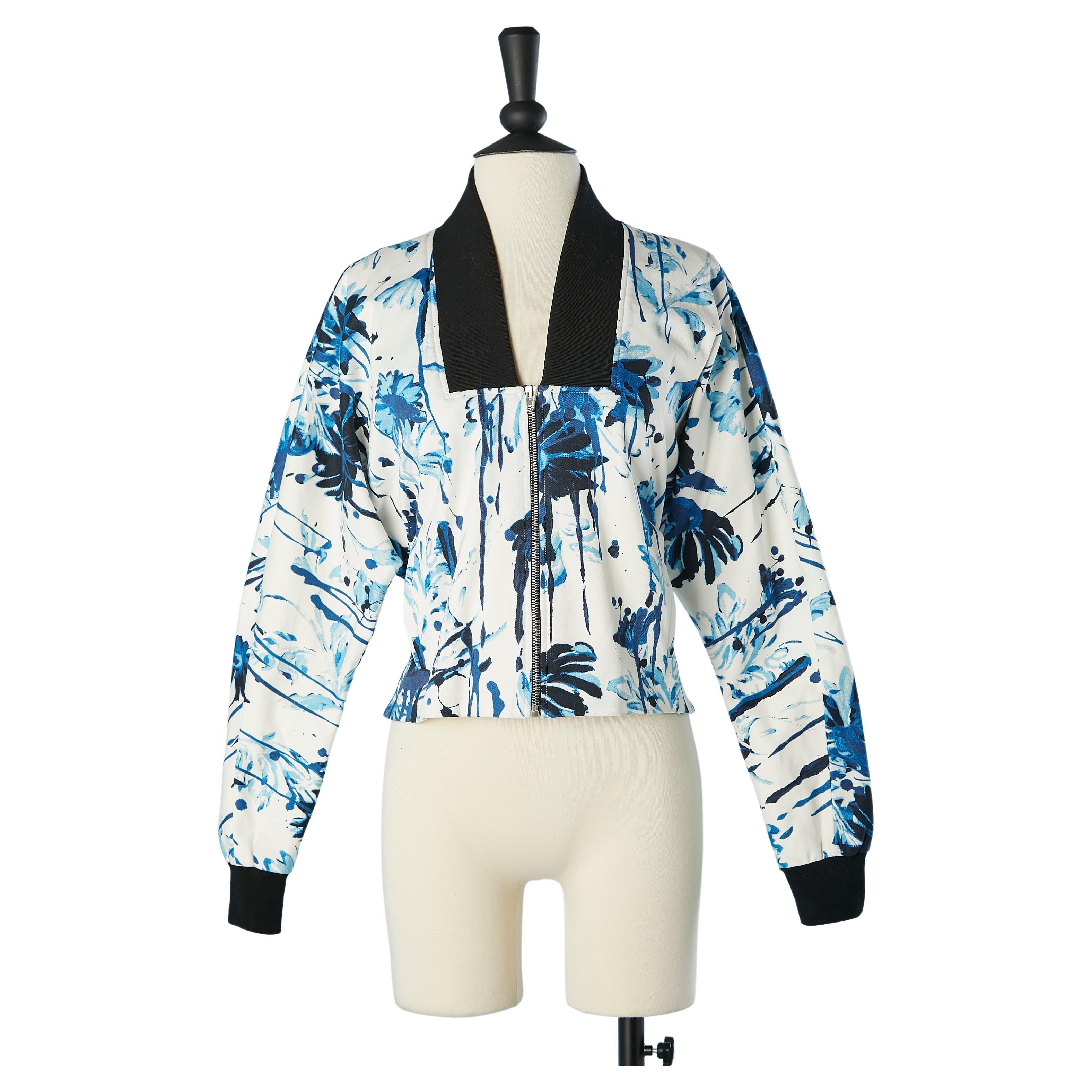Cotton jacket with blue flowers print and zip middle front Jean-Paul Gaultier For Sale