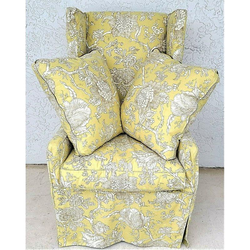 For full item description be sure to click on CONTINUE READING at the bottom of this listing.

Offering one of our recent Palm beach estate fine furniture acquisitions of a
Lee Industries cotton linen Asian floral slip covered wingback
