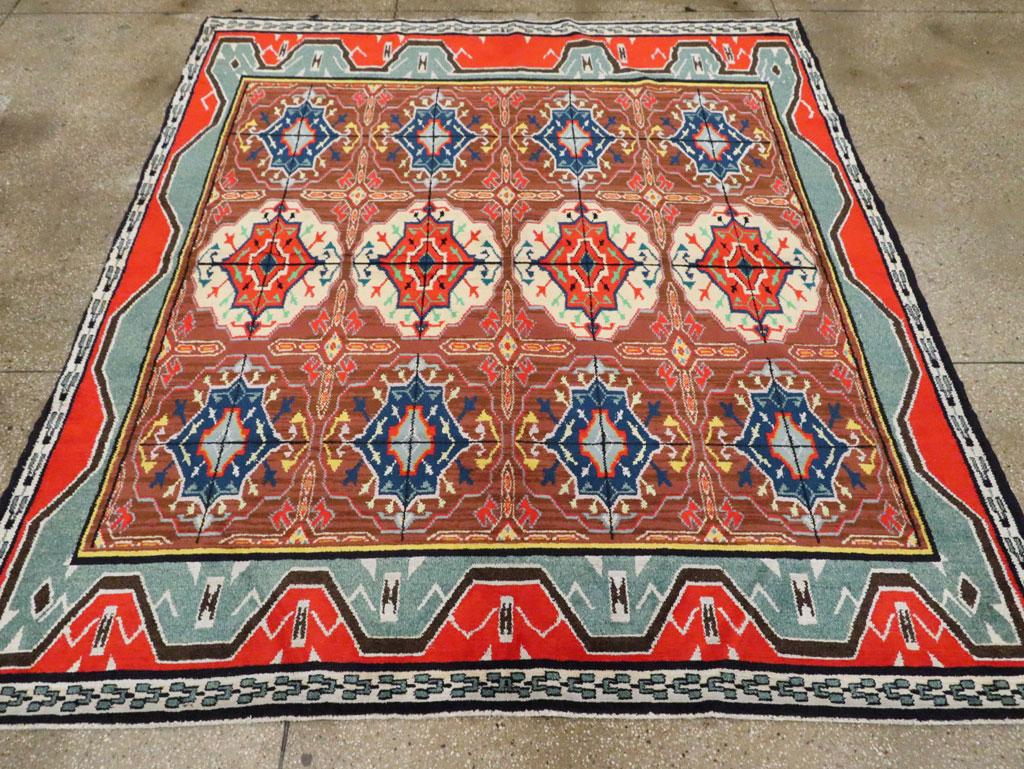 Hand-Knotted Cotton Mid-20th Century European Square Accent Rug In The Tribal Turkoman Style For Sale