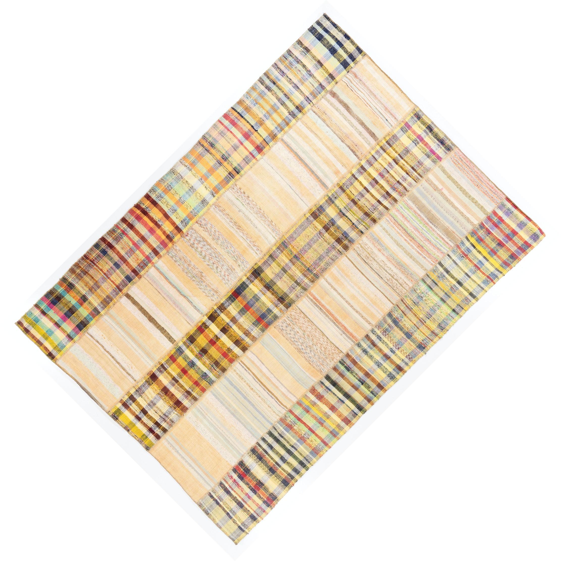 10x13.7 Ft Cotton Mid-Century Anatolian Kilim Hand-Woven Vintage Striped Rug For Sale 2