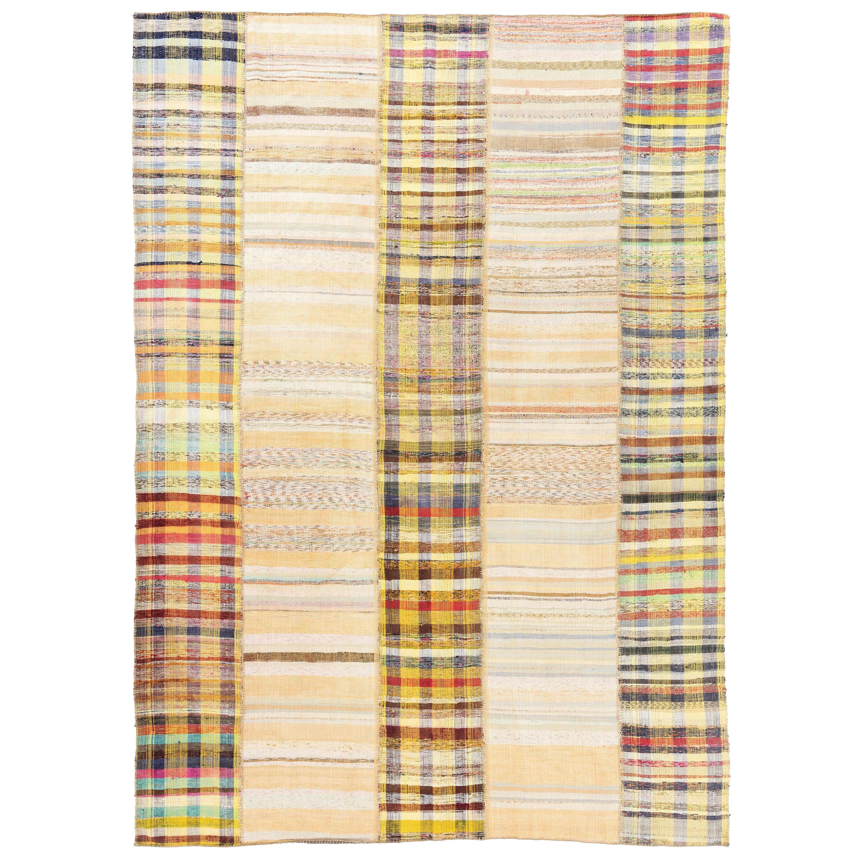 10x3,7 m Baumwolle Mid-Century Anatolischer handgewebter gestreifter Vintage-Kelim-Teppich
