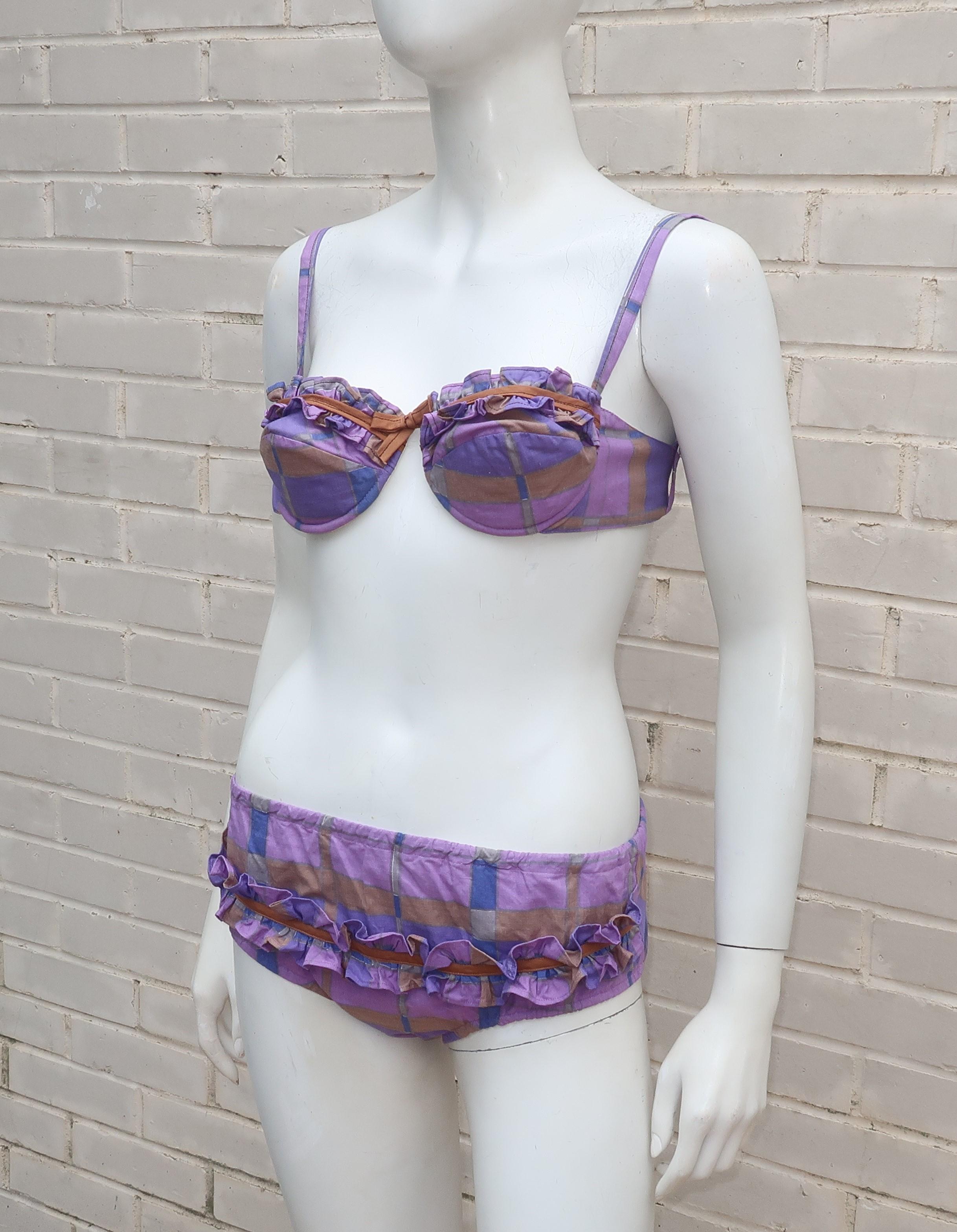 Cotton Plaid Ruffled Bikini Bathing Suit, 1960's In Good Condition In Atlanta, GA