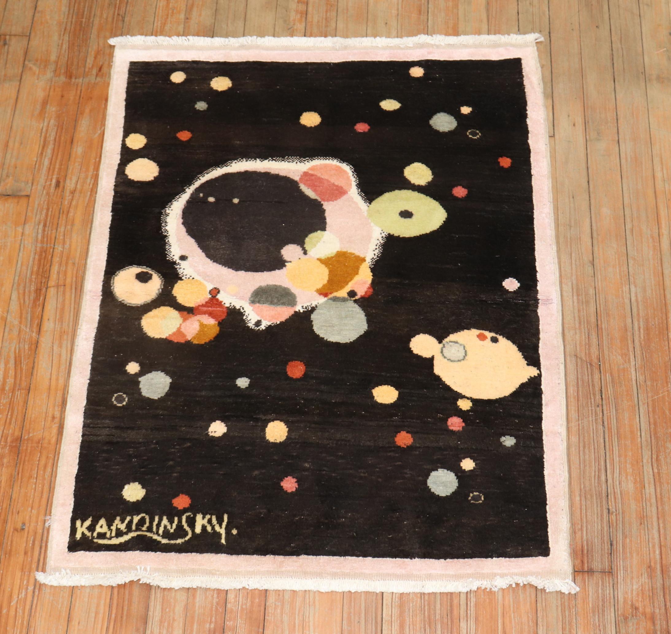 a mid-20th-century moisturized cotton Turkish rug with an outer space pattern inspired by Wassily Kandinsky.

2'8'' x 3'6''