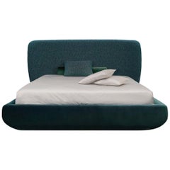 'Cottonflower' Bed in Green Blue Jacquard Wool Fabric and Velvet