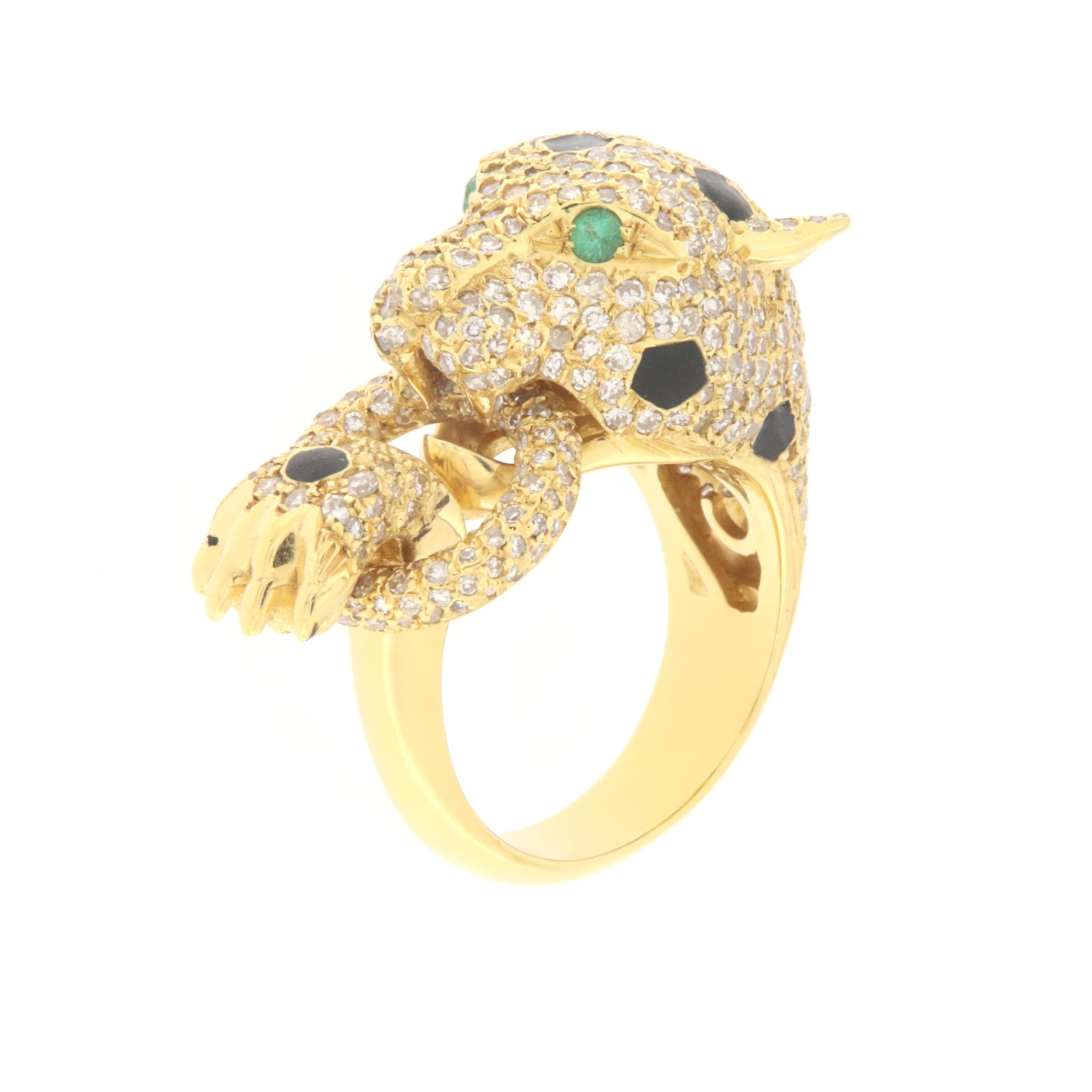 Artisan Cougar Diamonds Emeralds 18 Karat Yellow Gold Diamonds Cocktail Ring For Sale