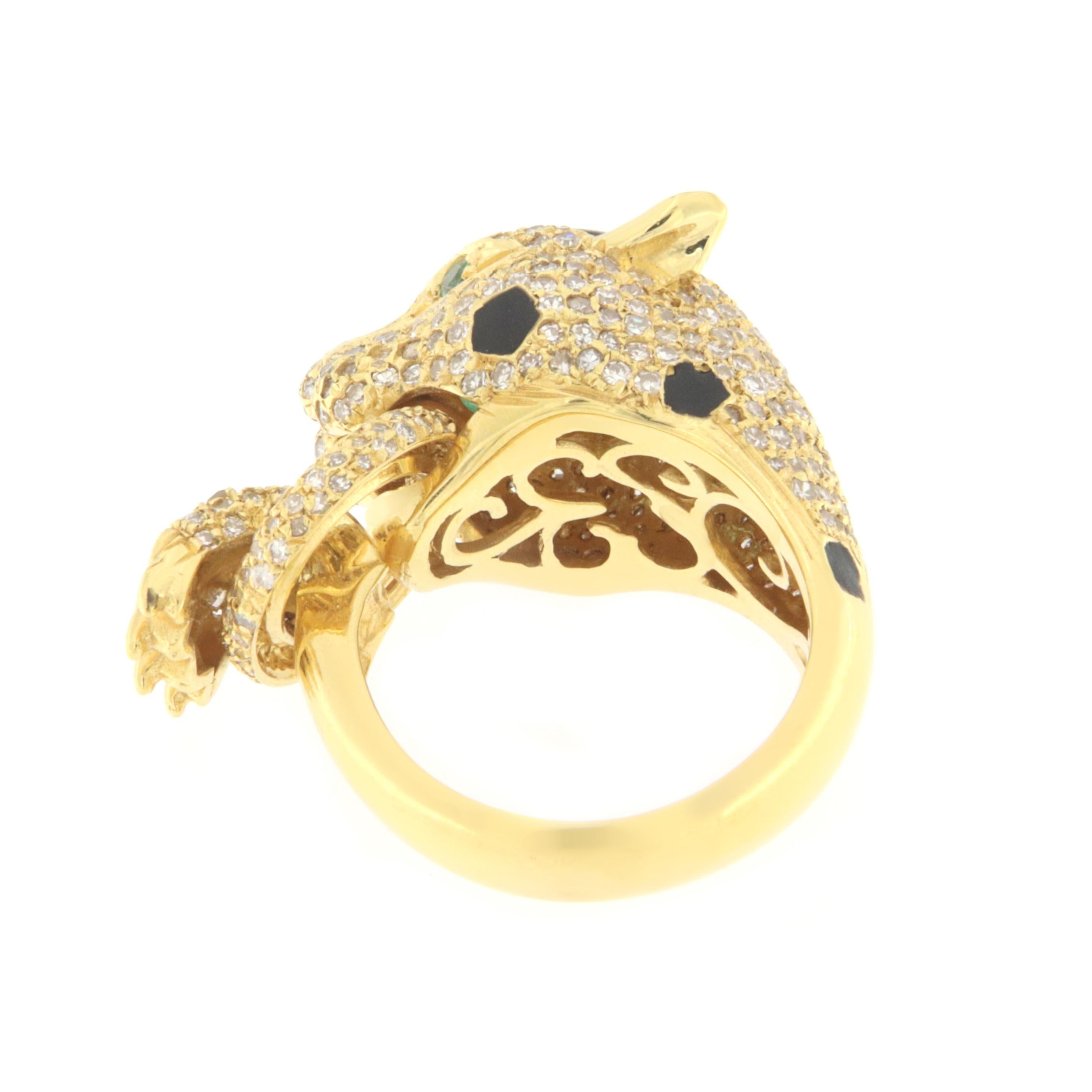 Artisan Cougar Diamonds Emeralds 18 Karat Yellow Gold Diamonds Cocktail Ring For Sale
